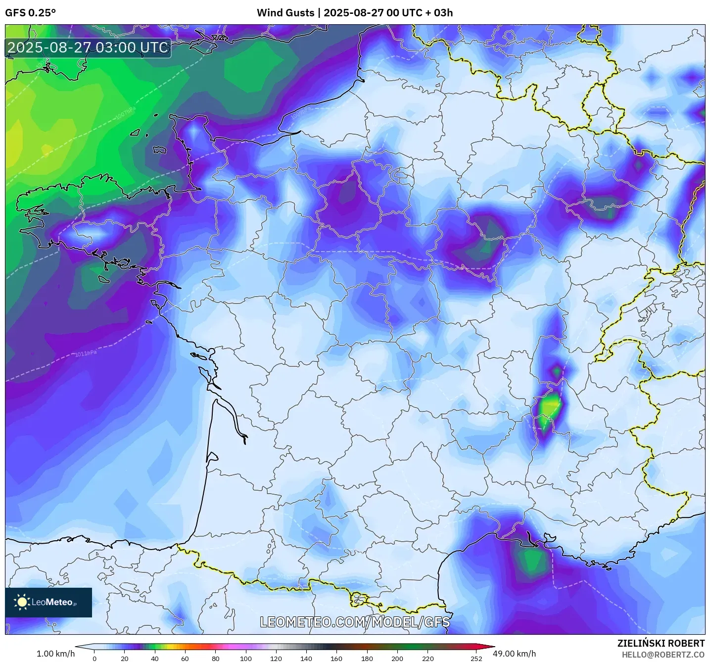 GFS model - France, Wind Gusts GFS model - France, Wind Gusts