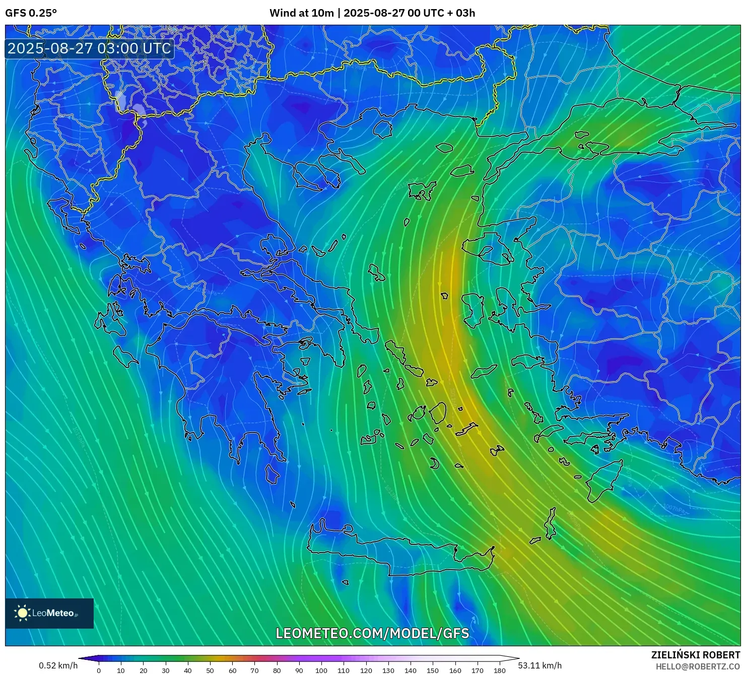 GFS model - Greece, Wind at 10m GFS model - Greece, Wind at 10m