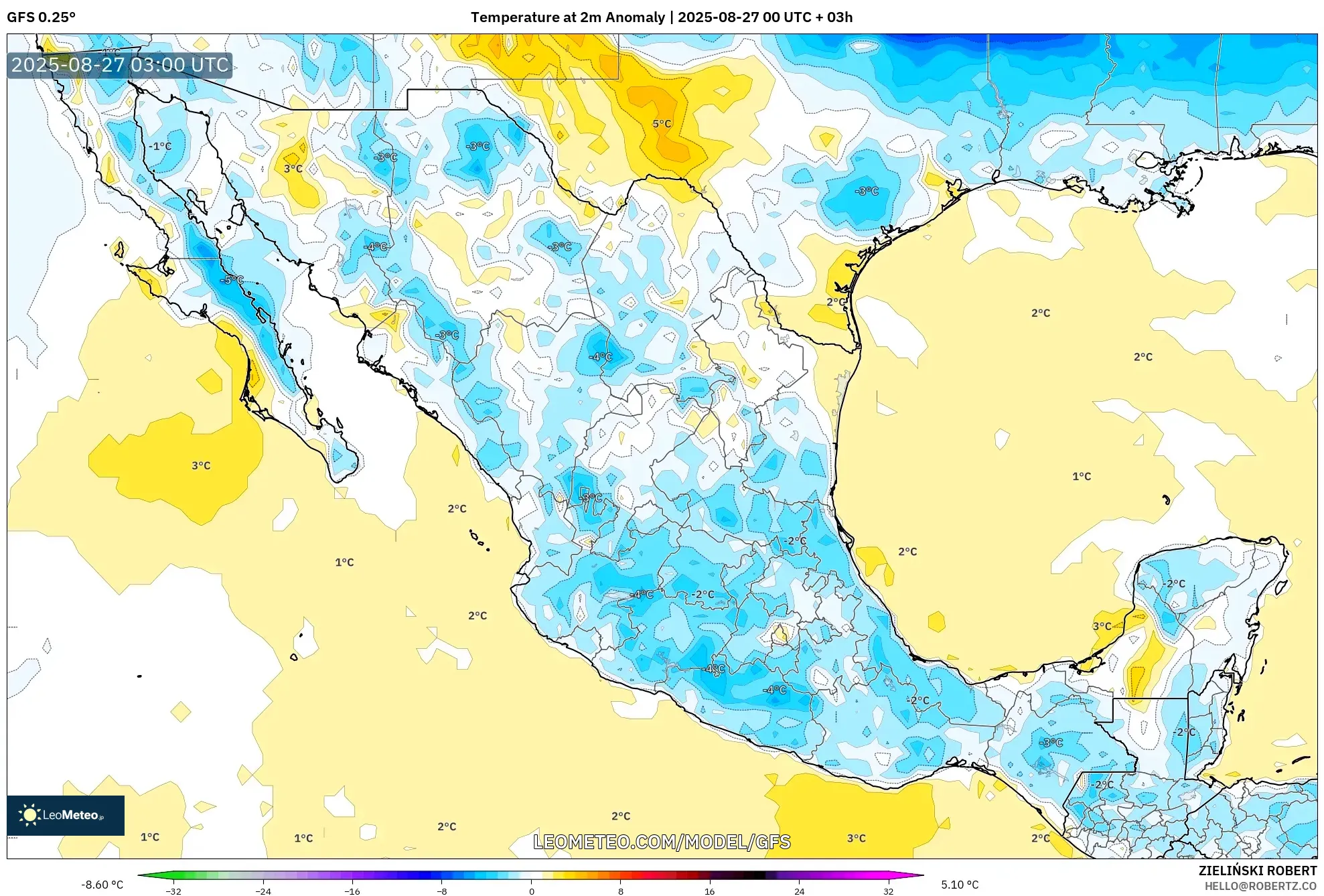 GFS model - Mexico, Temperature at 2m Anomaly GFS model - Mexico, Temperature at 2m Anomaly