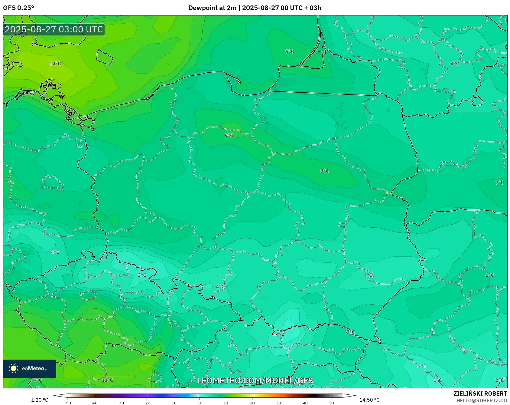 GFS model - Poland, Dewpoint at 2m GFS model - Poland, Dewpoint at 2m