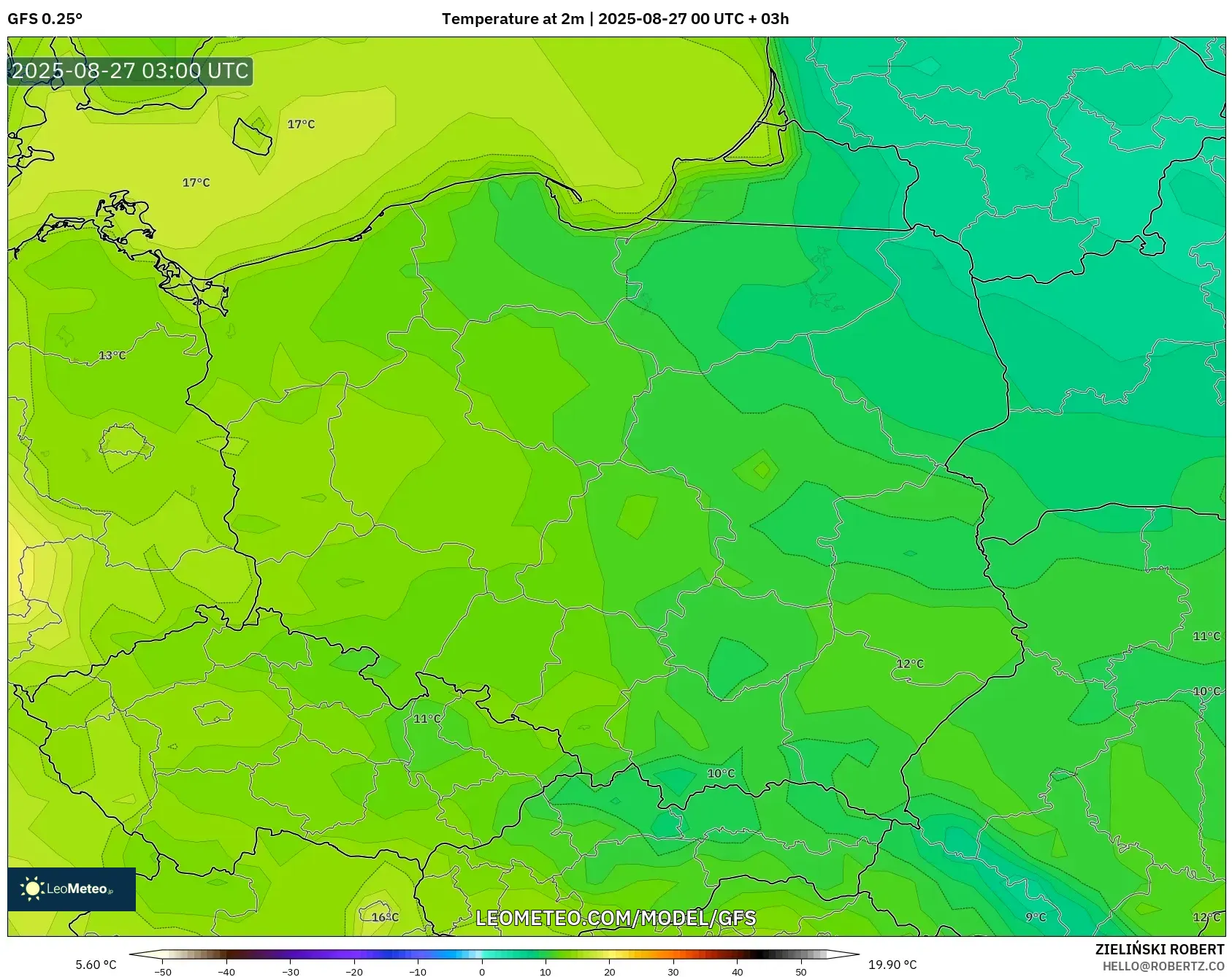 GFS model - Poland, Temperature at 2m GFS model - Poland, Temperature at 2m