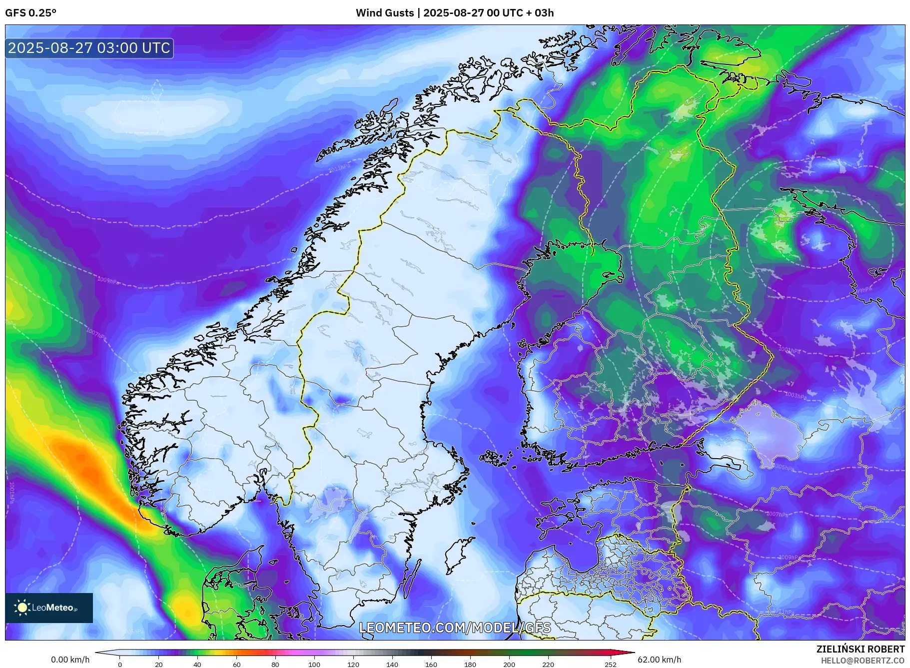 GFS model - Scandinavia, Wind Gusts