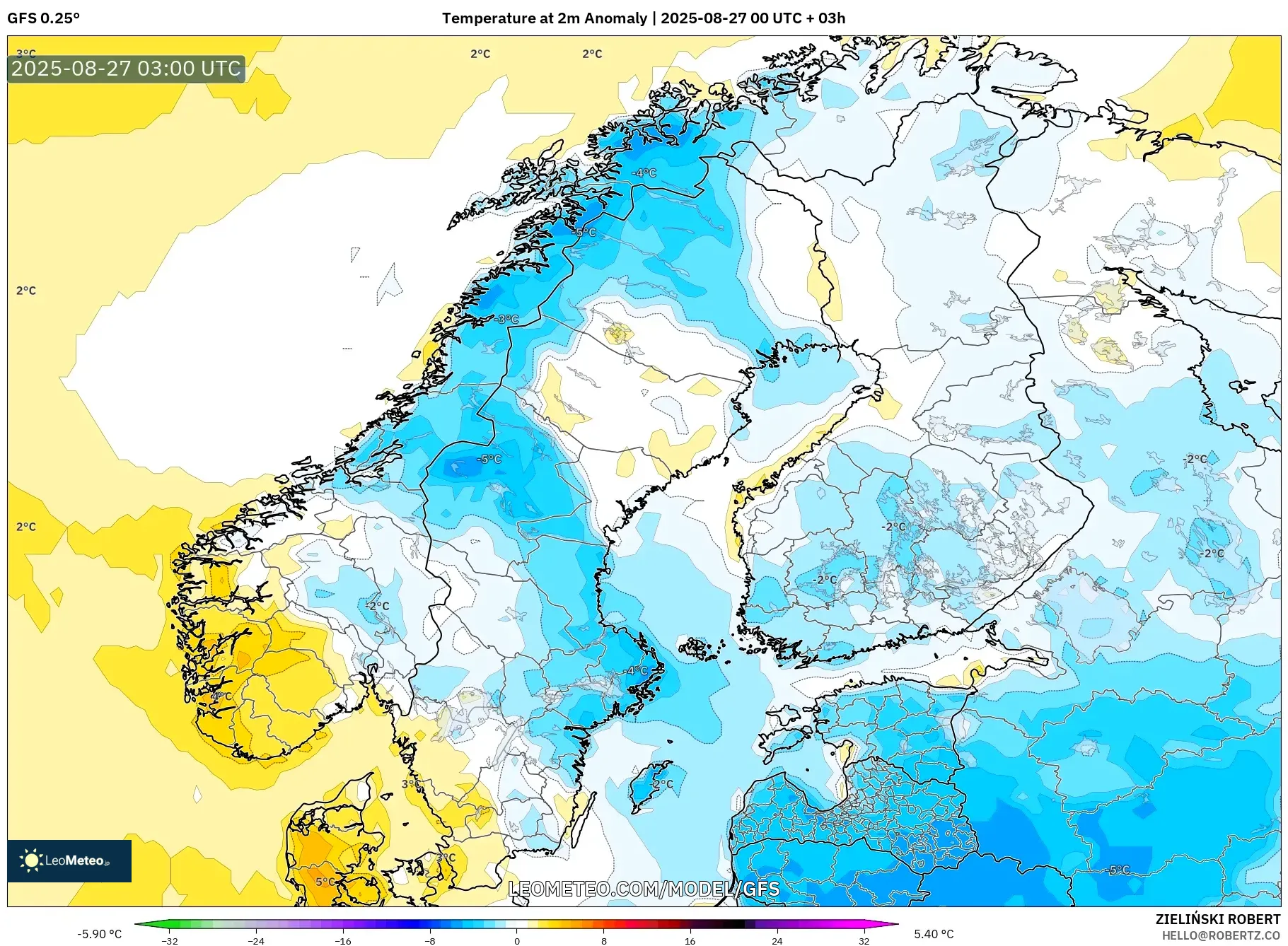 GFS model - Scandinavia, Temperature at 2m Anomaly GFS model - Scandinavia, Temperature at 2m Anomaly