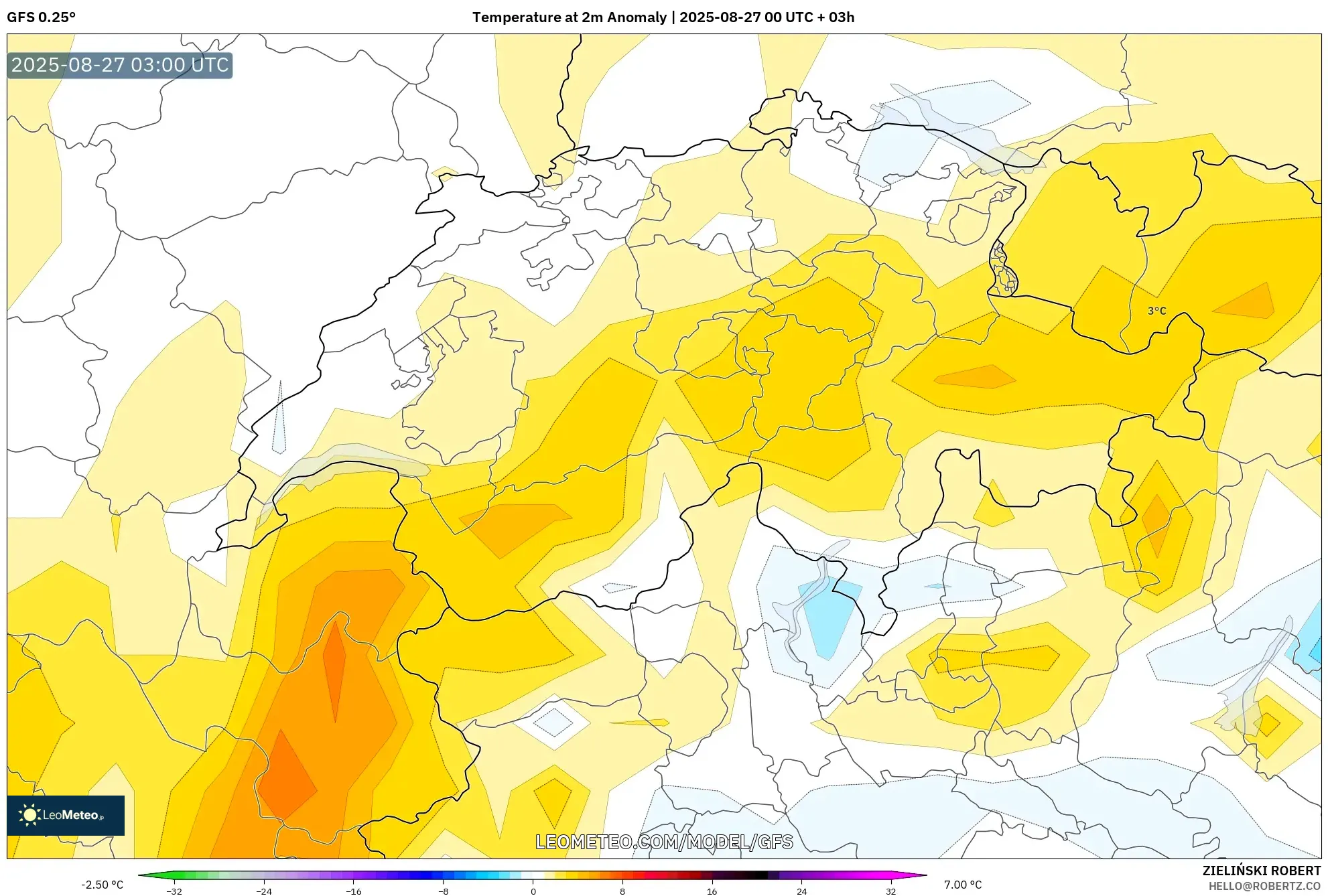 GFS model - Switzerland, Temperature at 2m Anomaly