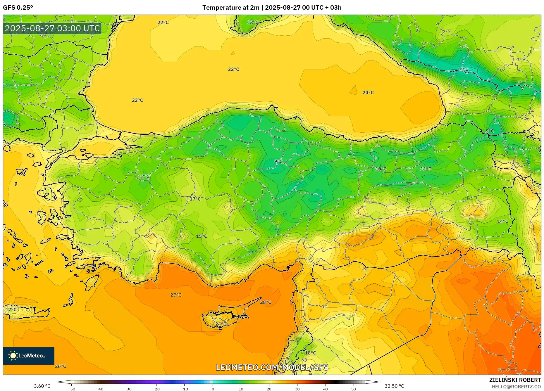 GFS model - Turkey, Temperature at 2m GFS model - Turkey, Temperature at 2m
