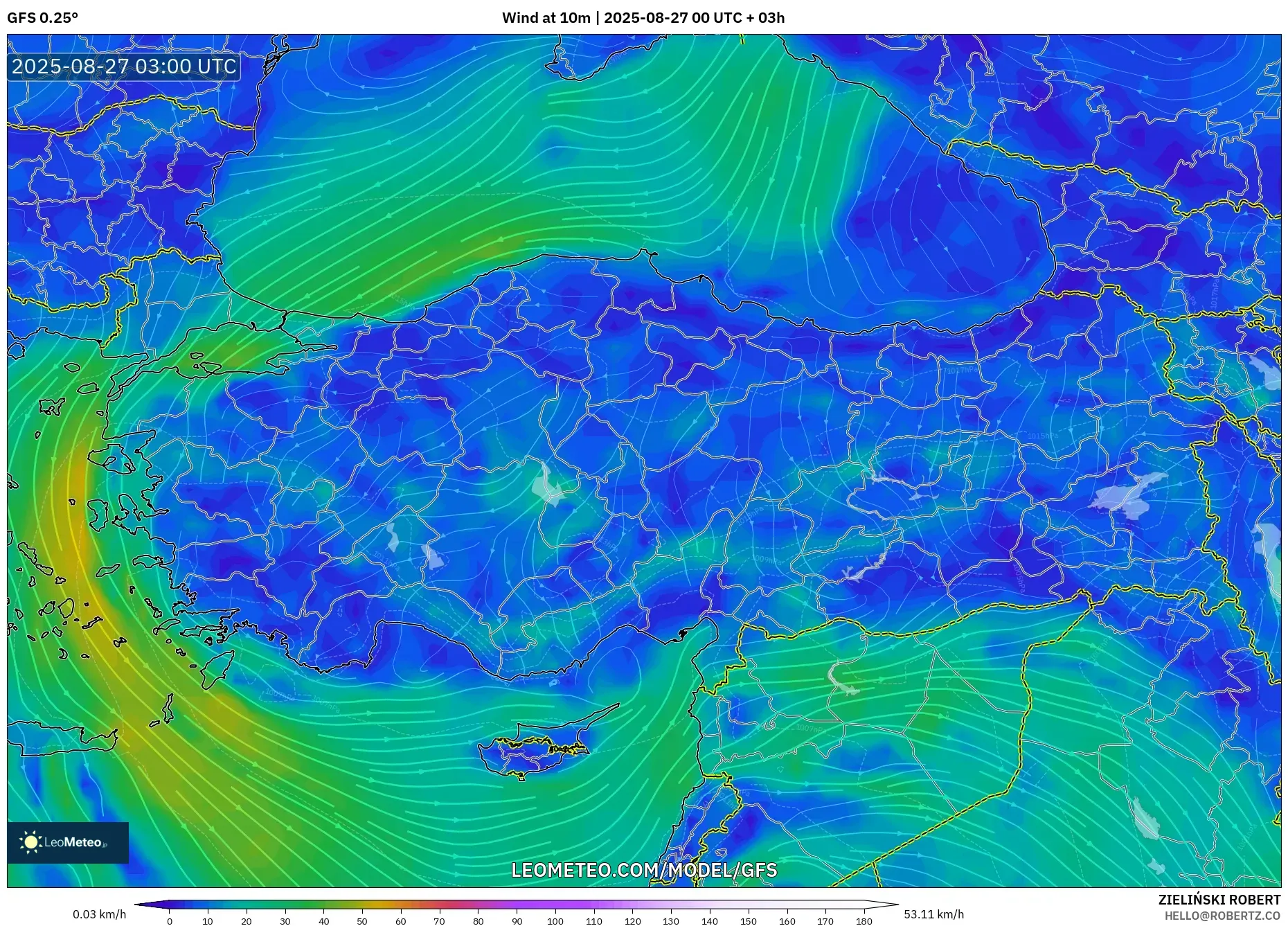 GFS model - Turkey, Wind at 10m GFS model - Turkey, Wind at 10m