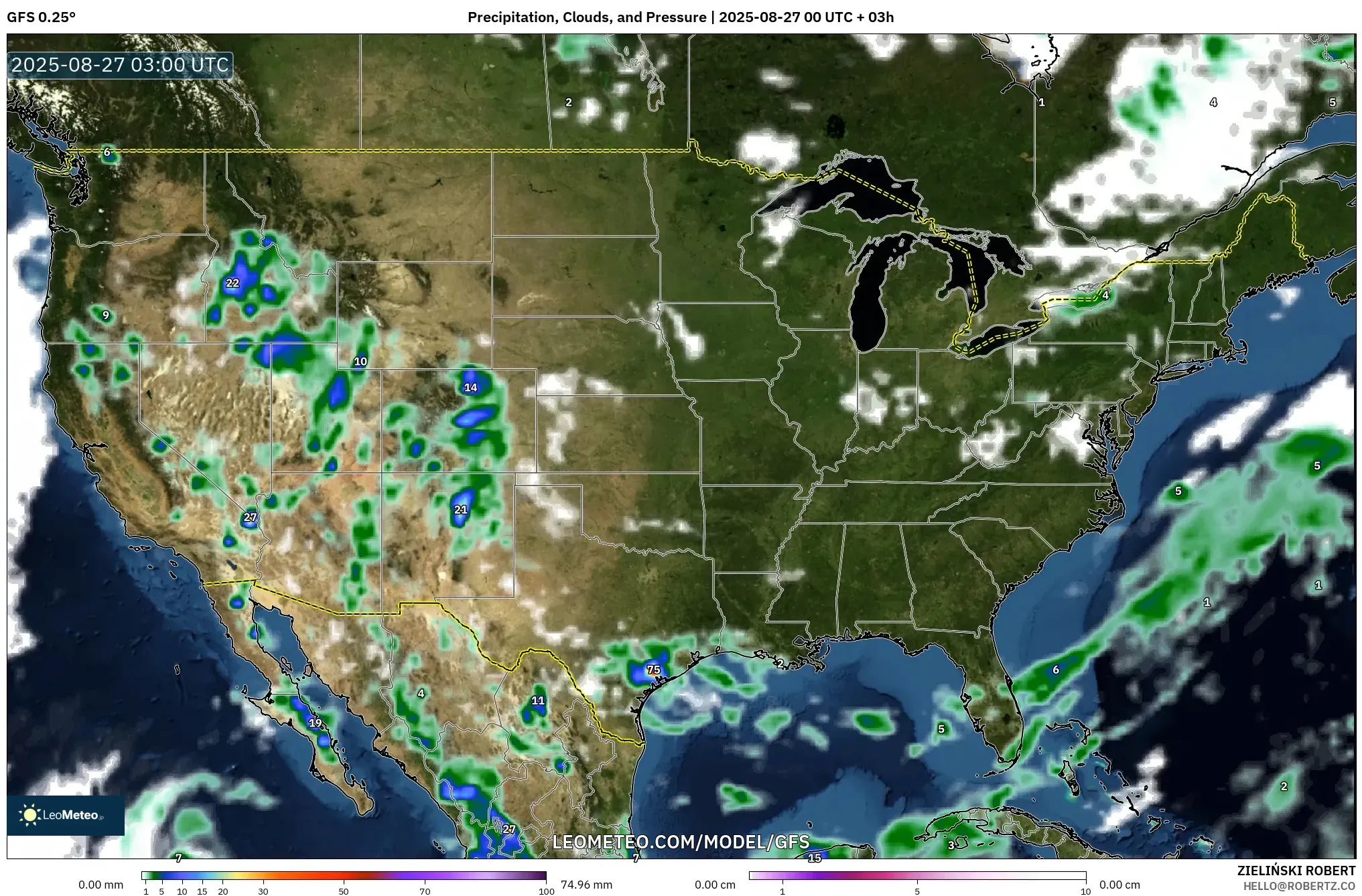 GFS model - United States, Precipitation, Clouds, and Pressure GFS model - United States, Precipitation, Clouds, and Pressure