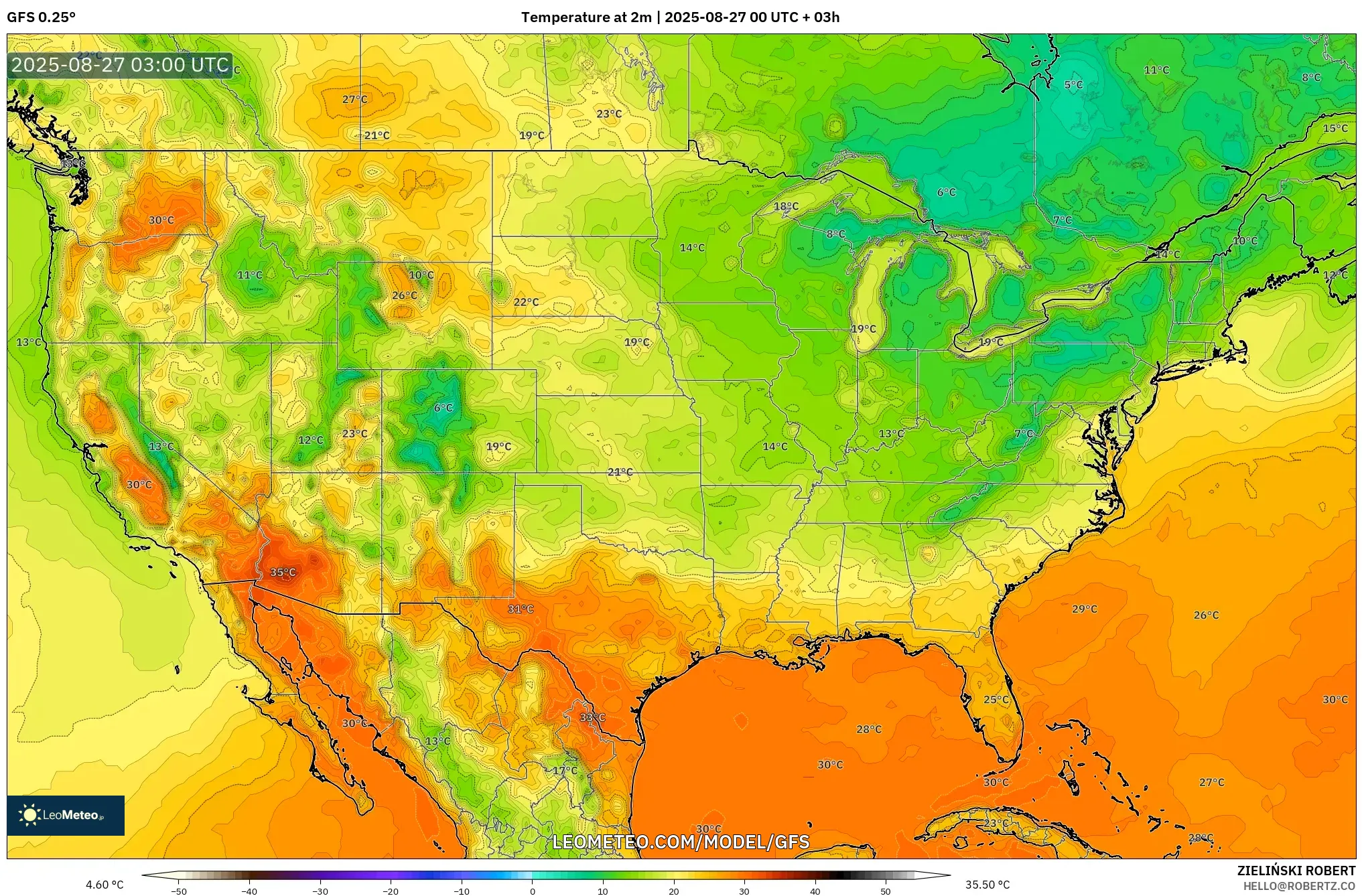 GFS model - United States, Temperature at 2m GFS model - United States, Temperature at 2m