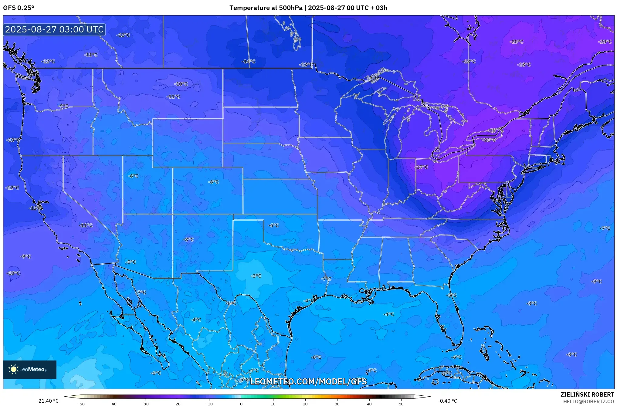GFS model - United States, Temperature at 500hPa GFS model - United States, Temperature at 500hPa