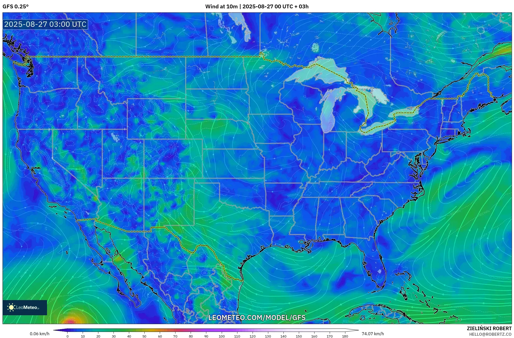 GFS model - United States, Wind at 10m