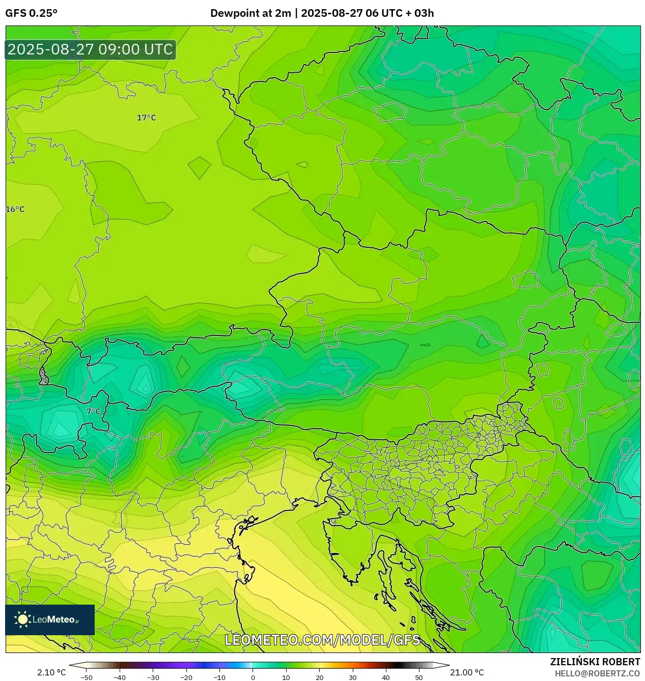 GFS model - Austria, Dewpoint at 2m GFS model - Austria, Dewpoint at 2m