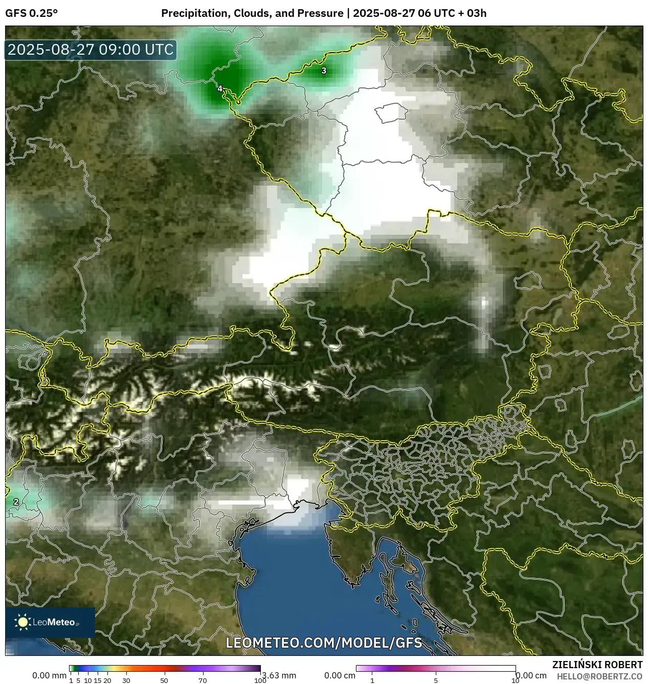 GFS model - Austria, Precipitation, Clouds, and Pressure GFS model - Austria, Precipitation, Clouds, and Pressure