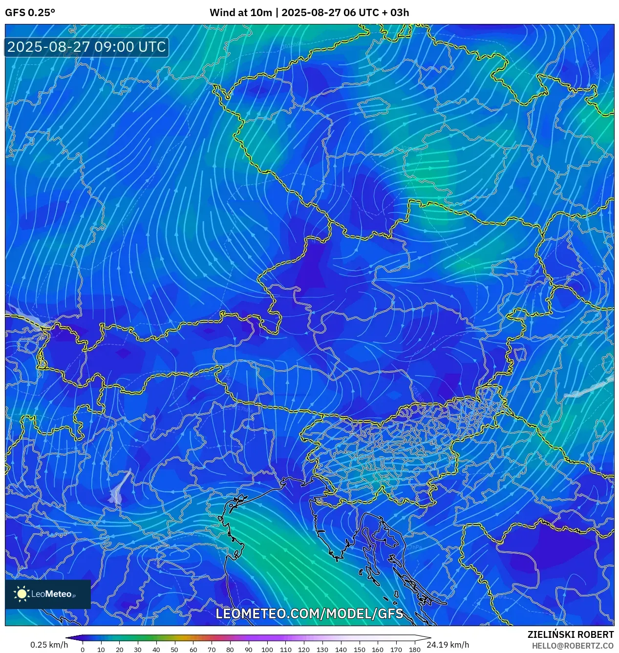 GFS model - Austria, Wind at 10m GFS model - Austria, Wind at 10m