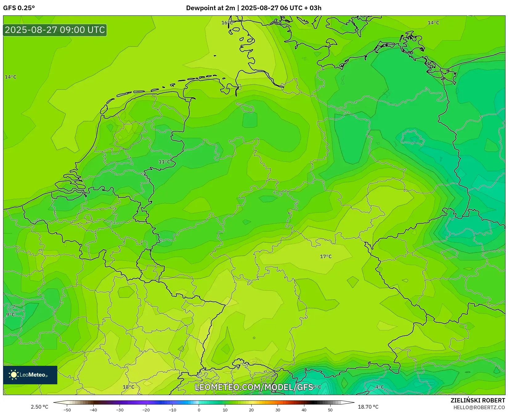 GFS model - Germany, Dewpoint at 2m GFS model - Germany, Dewpoint at 2m