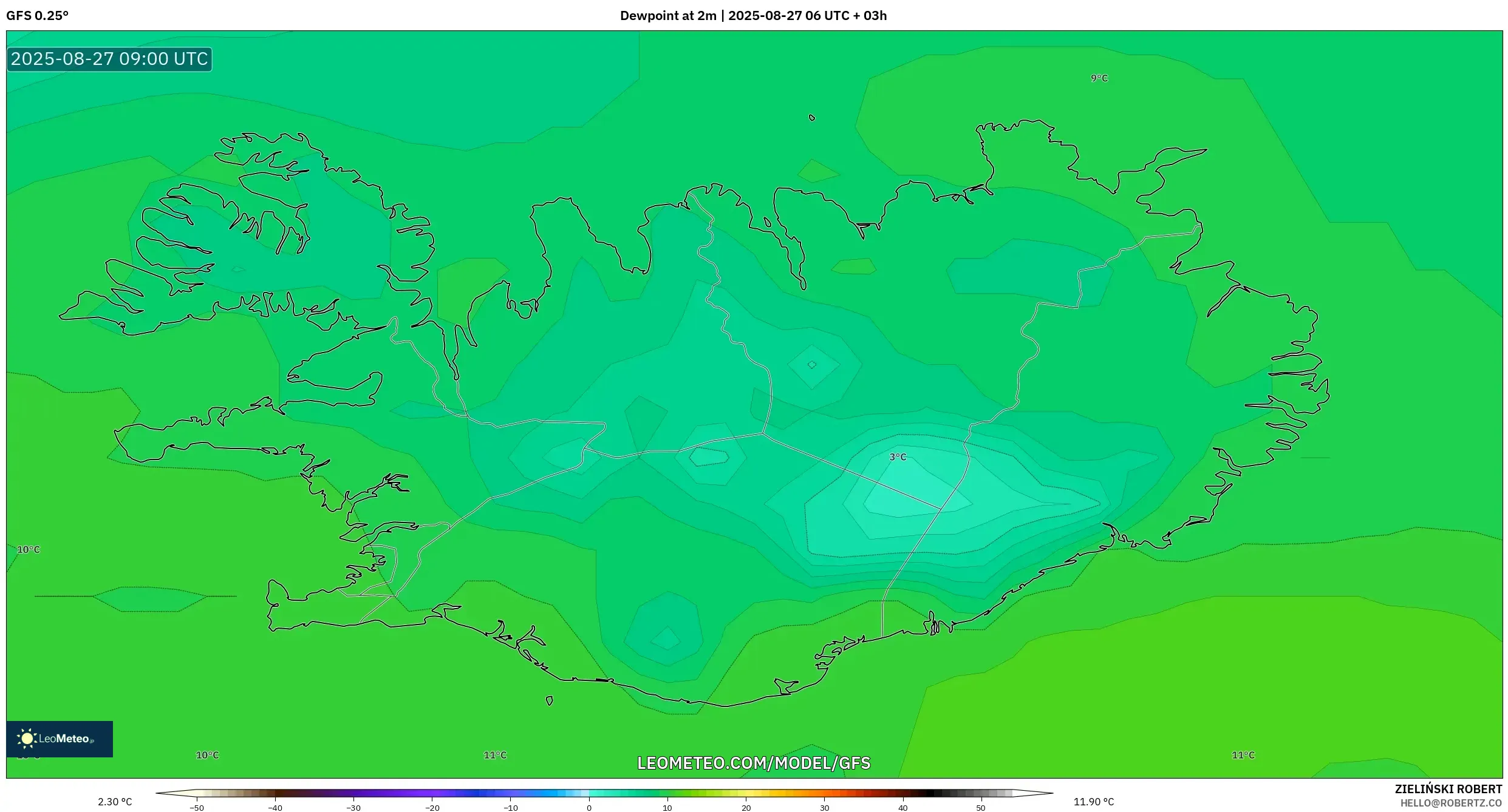 GFS model - Iceland, Dewpoint at 2m GFS model - Iceland, Dewpoint at 2m