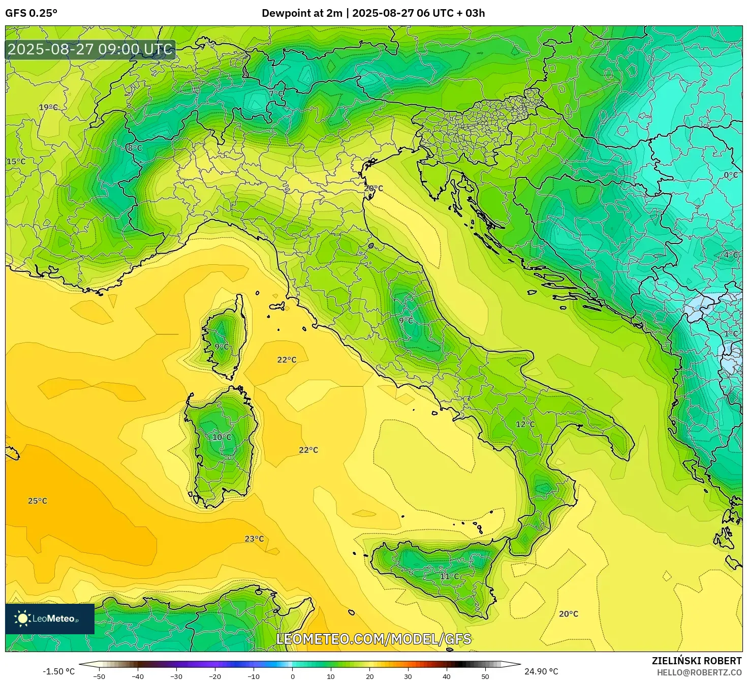 GFS model - Italy, Dewpoint at 2m GFS model - Italy, Dewpoint at 2m