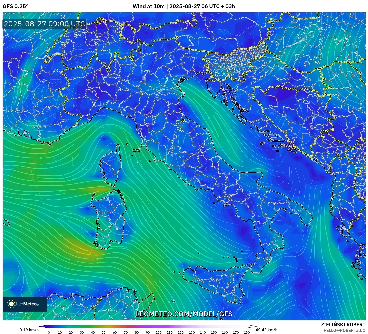 GFS model - Italy, Wind at 10m GFS model - Italy, Wind at 10m