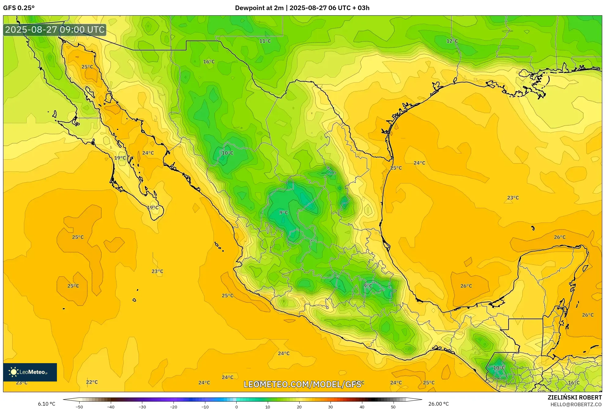 GFS model - Mexico, Dewpoint at 2m GFS model - Mexico, Dewpoint at 2m