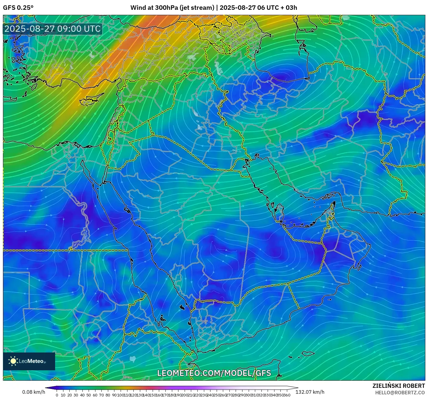 GFS model - Middle East, Wind at 300hPa (jet stream) GFS model - Middle East, Wind at 300hPa (jet stream)