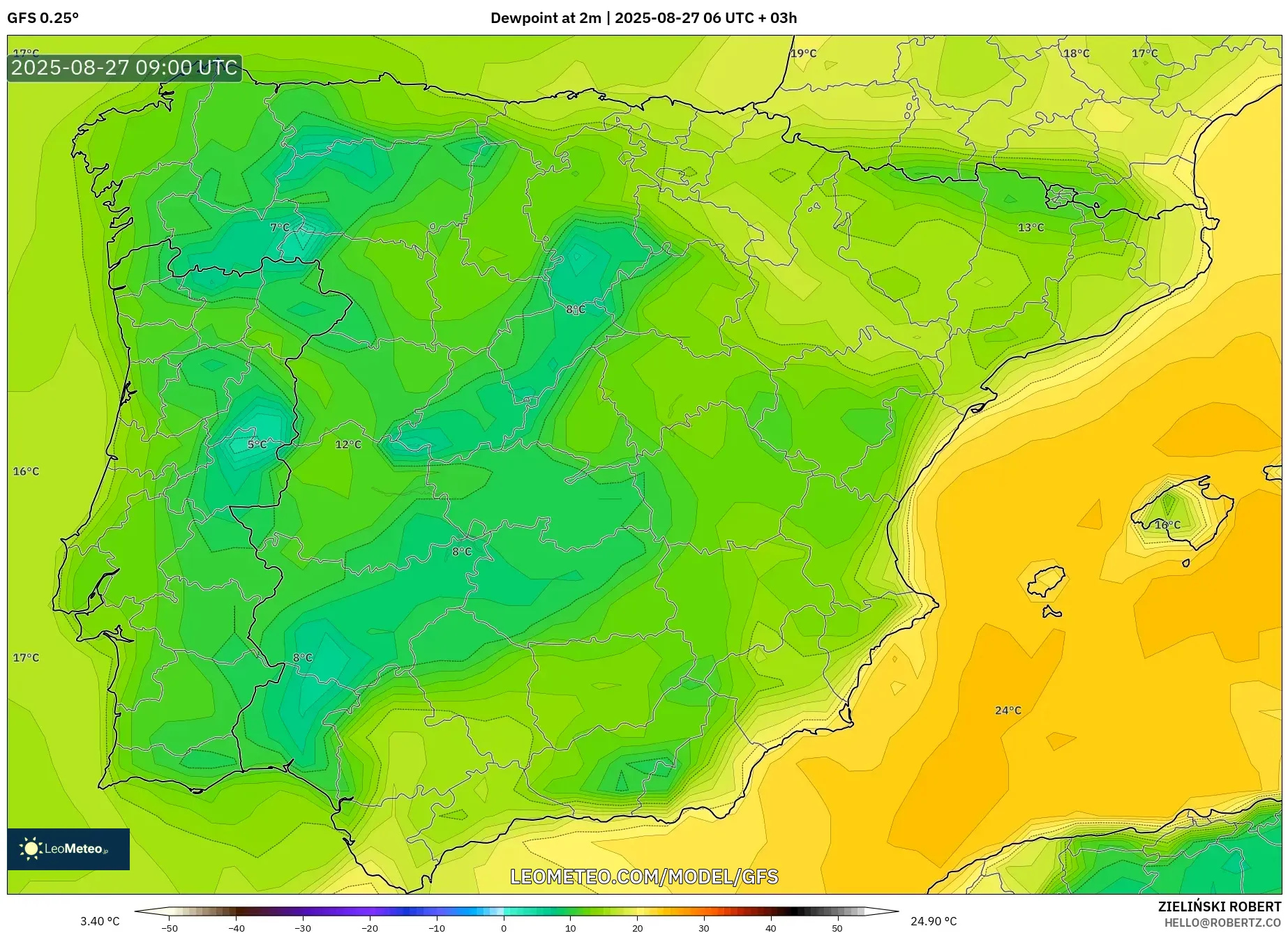 GFS model - Spain, Dewpoint at 2m GFS model - Spain, Dewpoint at 2m