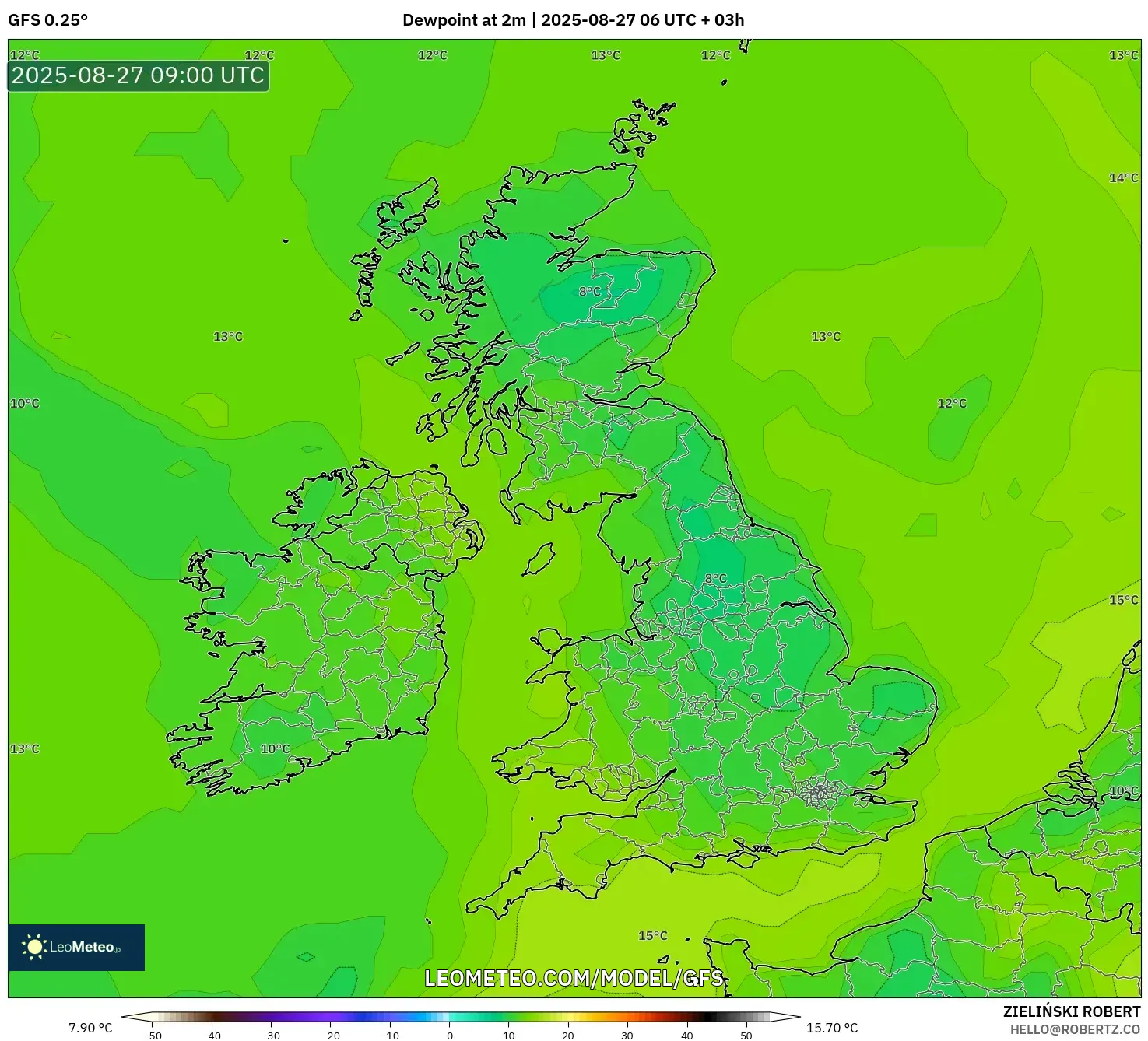 GFS model - United Kingdom, Dewpoint at 2m GFS model - United Kingdom, Dewpoint at 2m