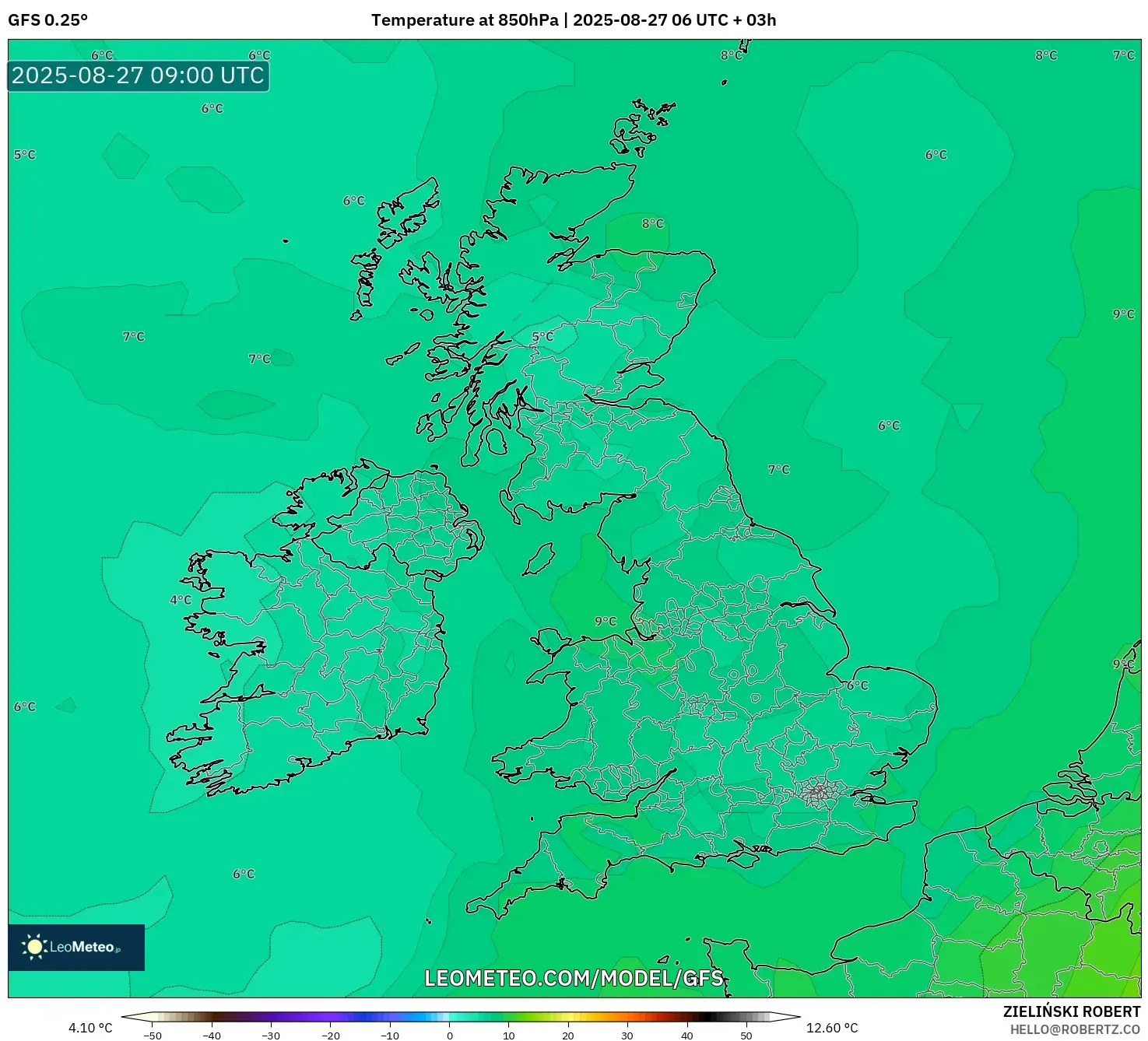 GFS model - United Kingdom, Temperature at 850hPa GFS model - United Kingdom, Temperature at 850hPa