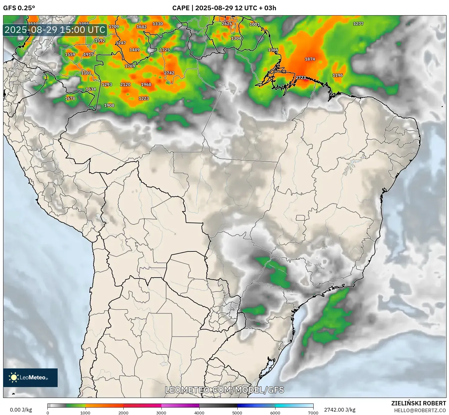 GFS model - Brazil, CAPE GFS model - Brazil, CAPE