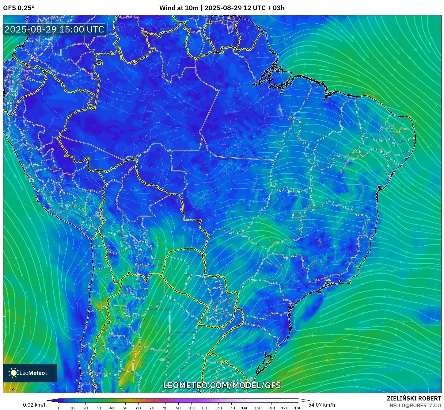 GFS model - Brazil, Wind at 10m GFS model - Brazil, Wind at 10m