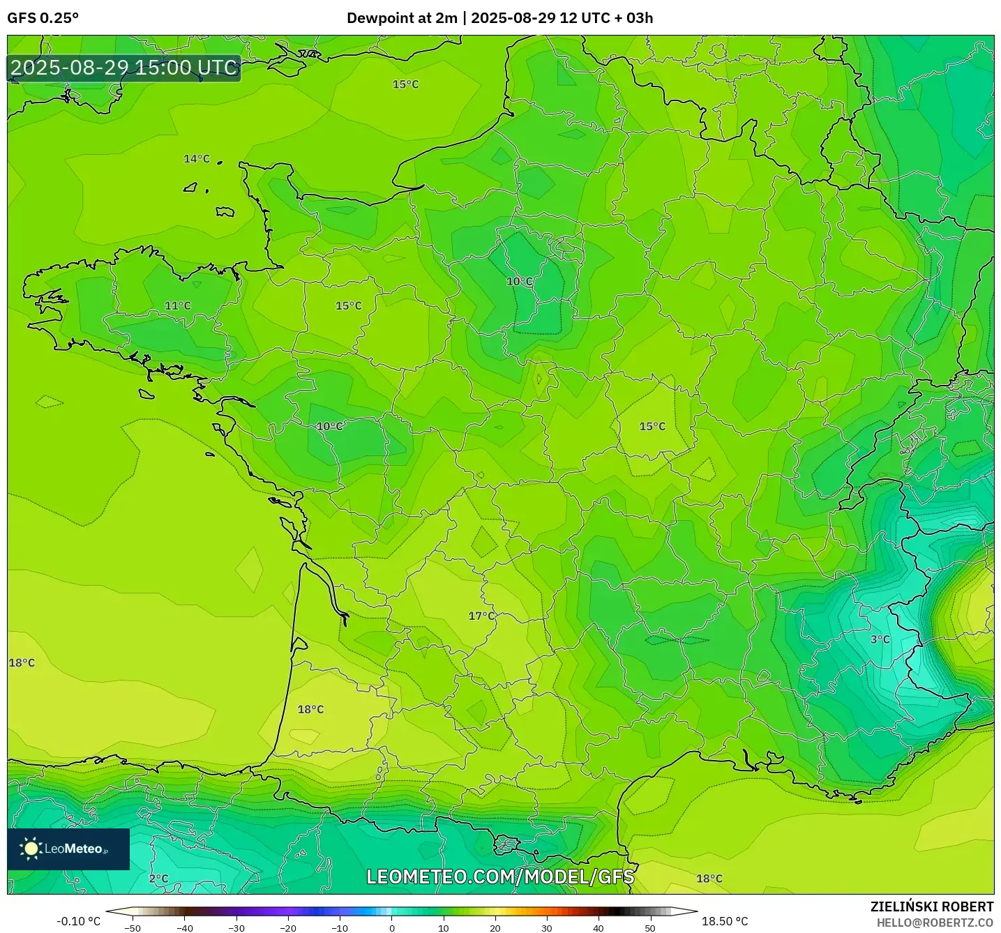 GFS model - France, Dewpoint at 2m GFS model - France, Dewpoint at 2m