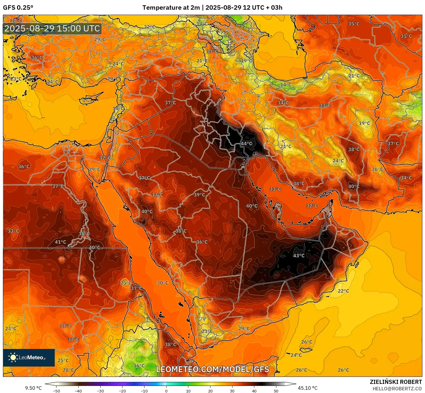 GFS model - Middle East, Temperature at 2m GFS model - Middle East, Temperature at 2m