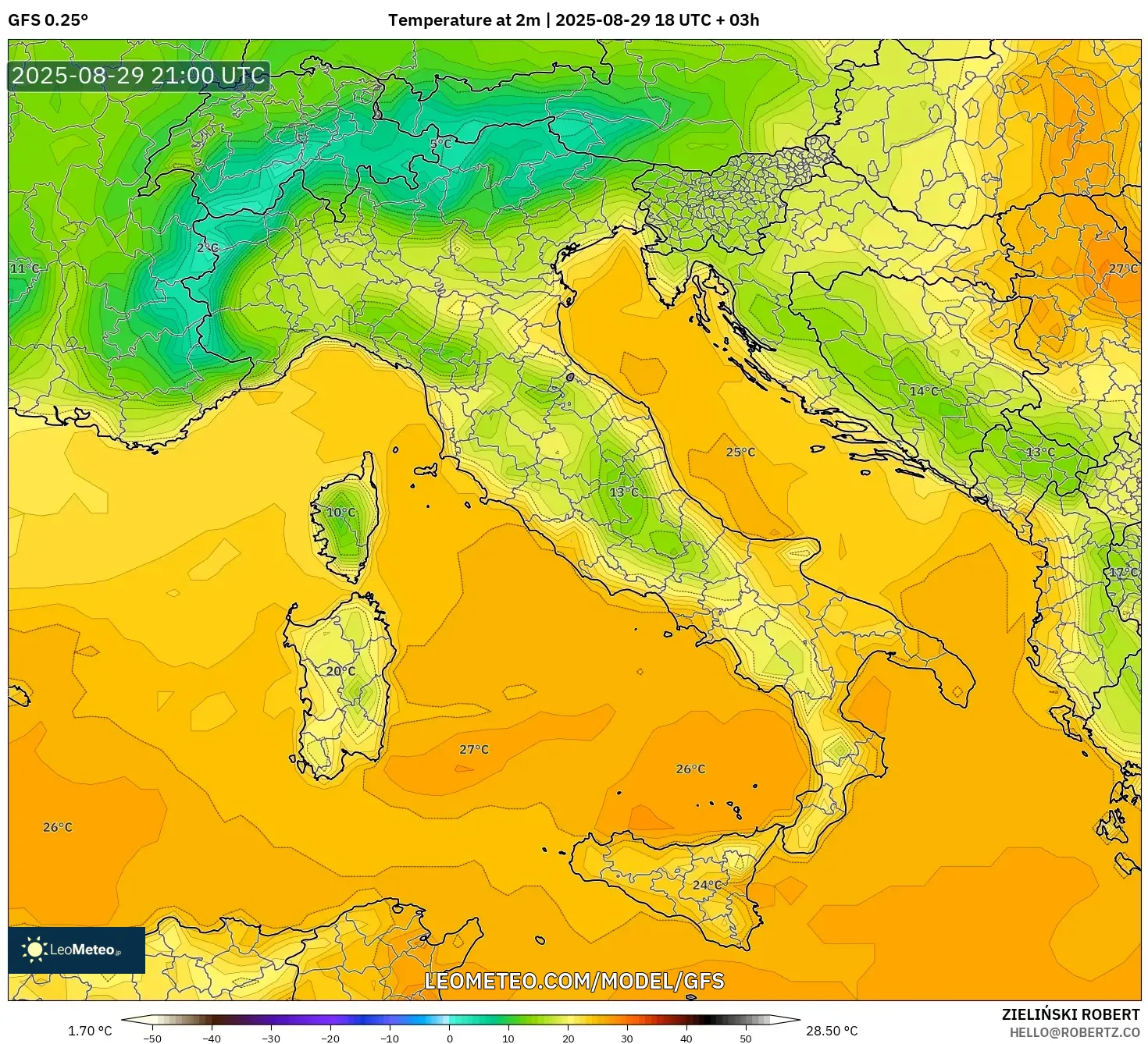 GFS model - Italy, Temperature at 2m GFS model - Italy, Temperature at 2m