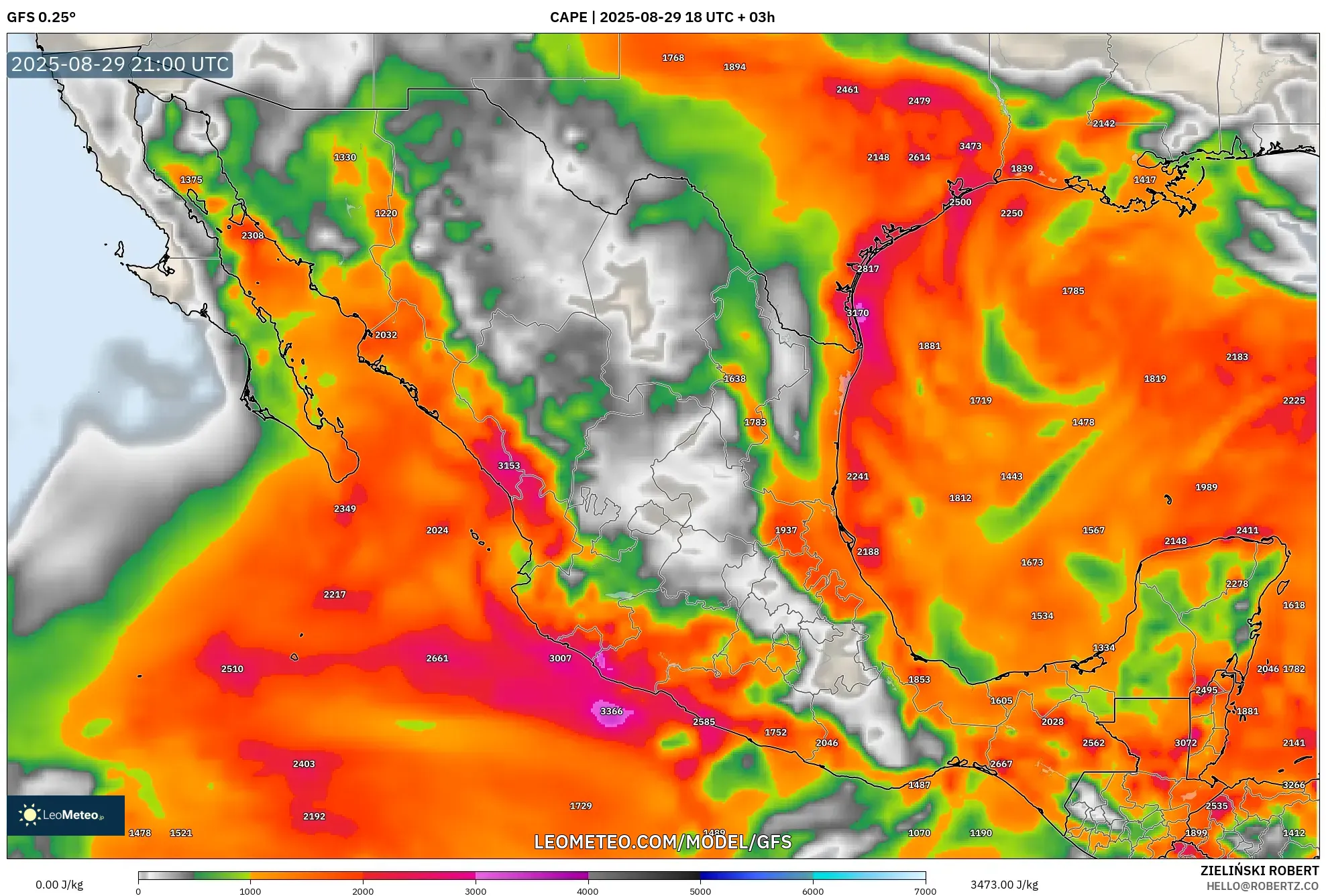 GFS model - Mexico, CAPE GFS model - Mexico, CAPE