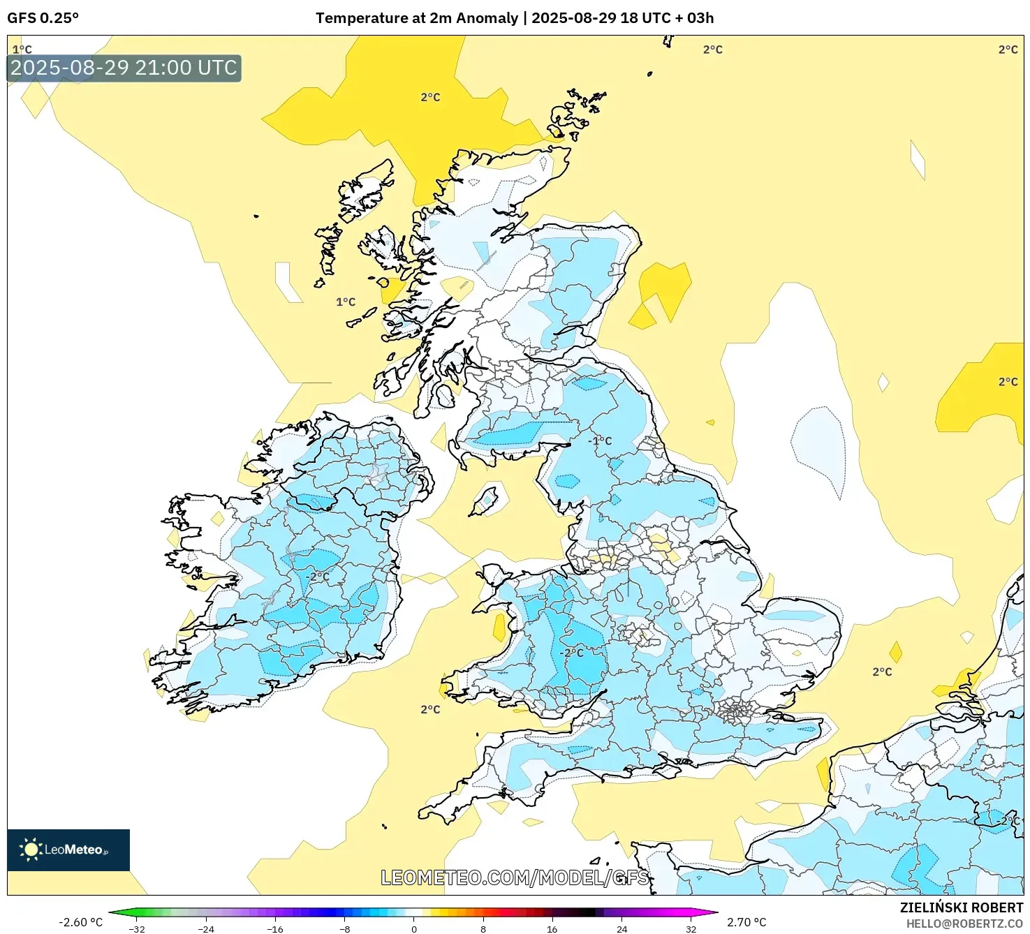 GFS model - United Kingdom, Temperature at 2m Anomaly GFS model - United Kingdom, Temperature at 2m Anomaly