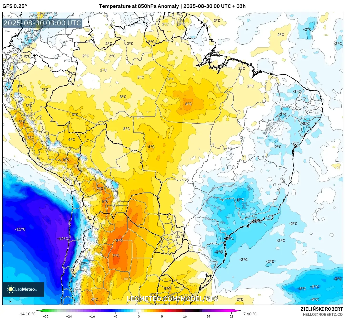 GFS model - Brazil, Temperature at 850hPa Anomaly GFS model - Brazil, Temperature at 850hPa Anomaly