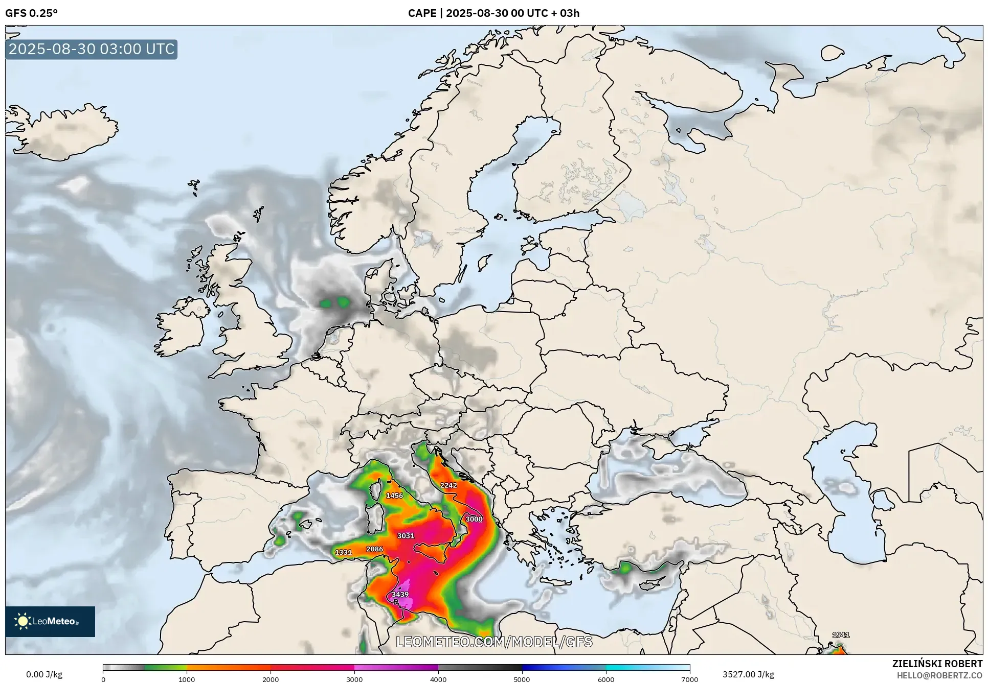 GFS model - Europe, CAPE GFS model - Europe, CAPE
