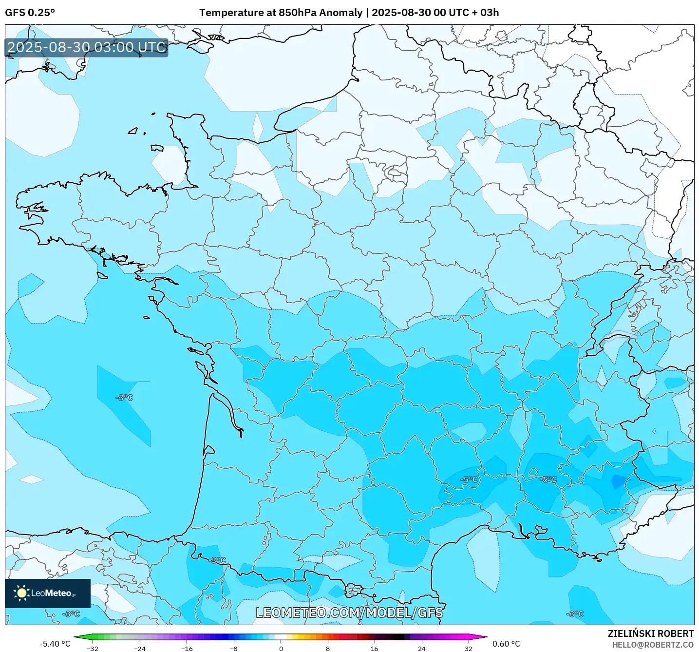 GFS model - France, Temperature at 850hPa Anomaly GFS model - France, Temperature at 850hPa Anomaly