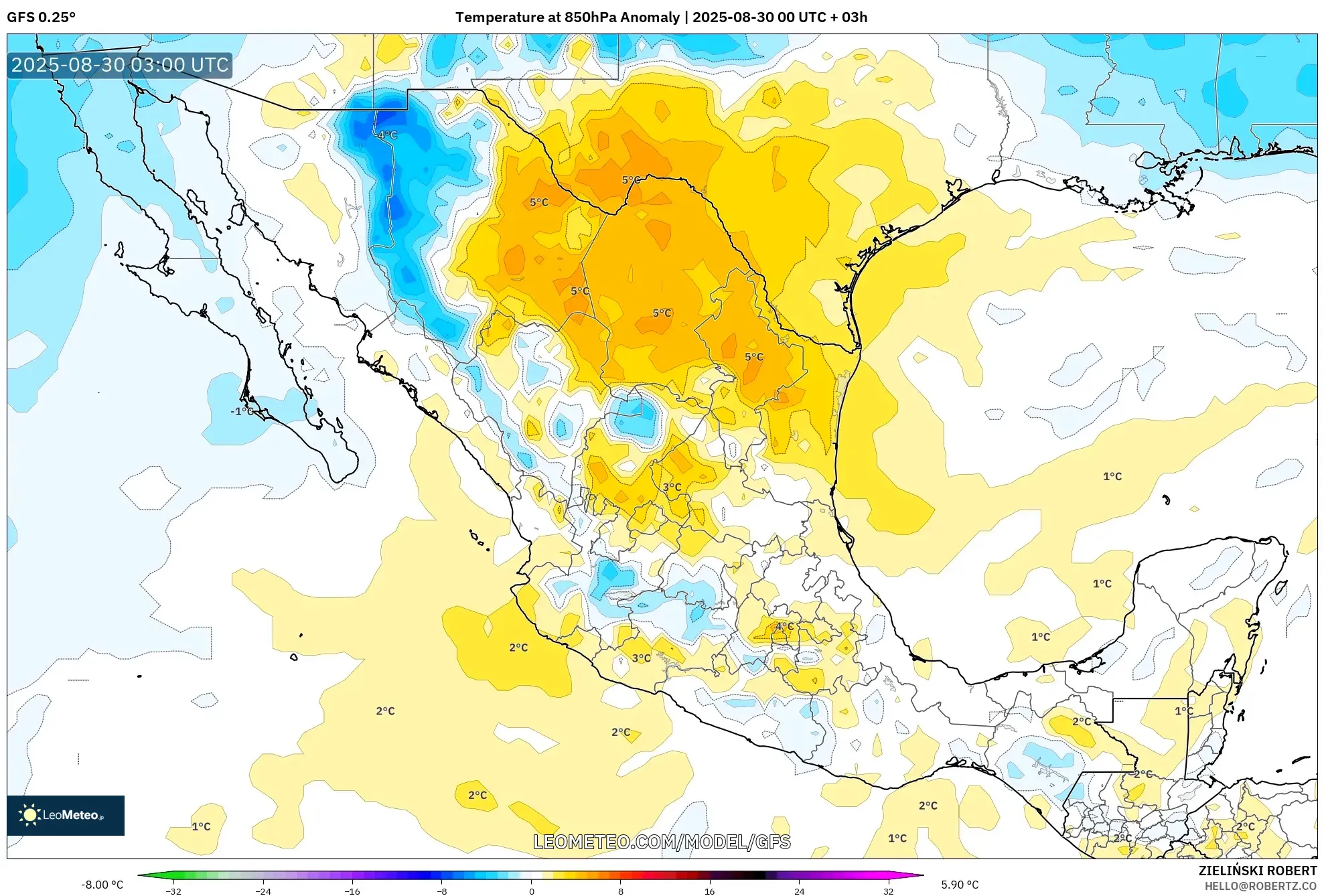 GFS model - Mexico, Temperature at 850hPa Anomaly GFS model - Mexico, Temperature at 850hPa Anomaly