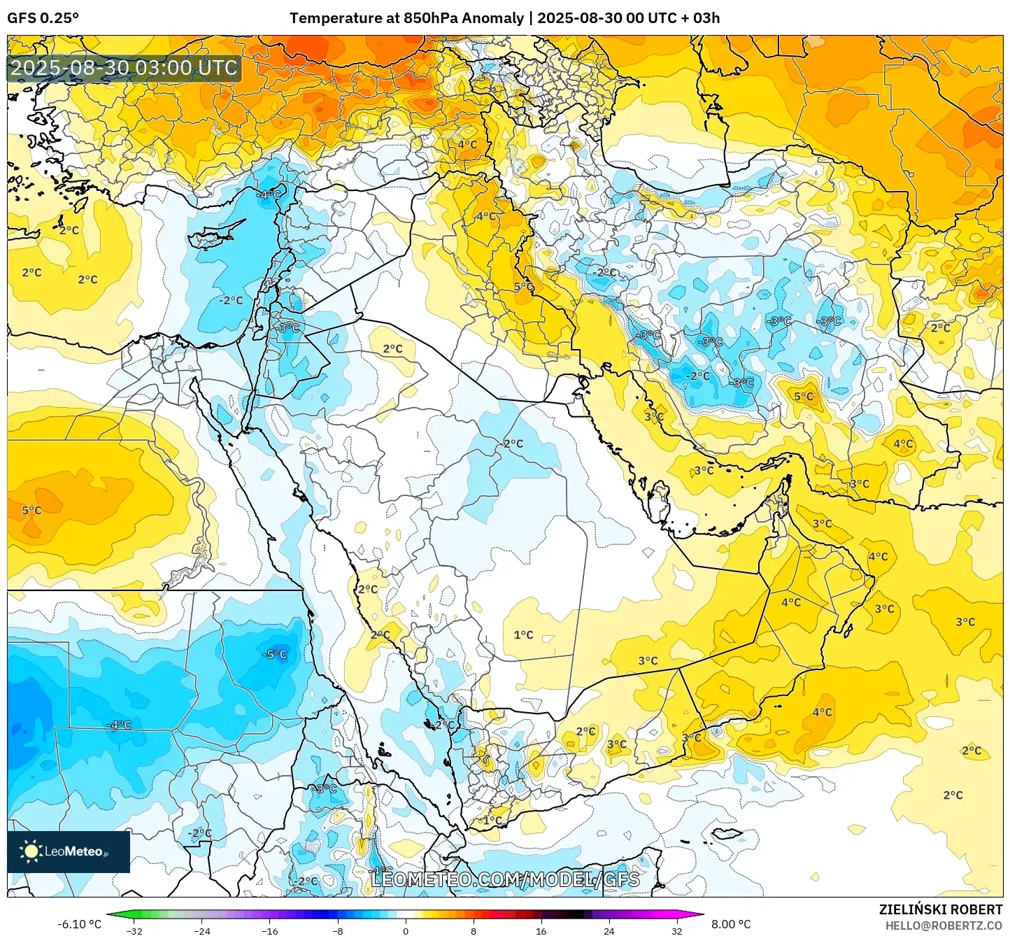 GFS model - Middle East, Temperature at 850hPa Anomaly GFS model - Middle East, Temperature at 850hPa Anomaly