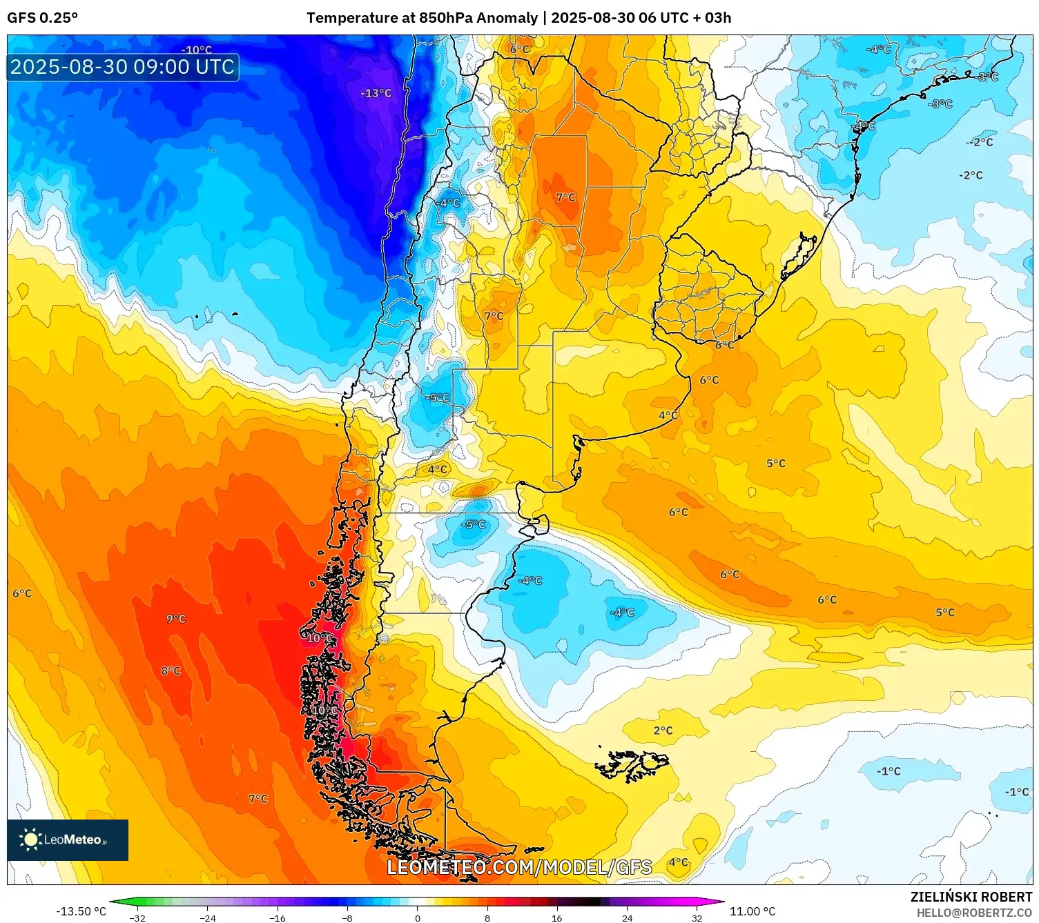 GFS model - Argentina, Temperature at 850hPa Anomaly GFS model - Argentina, Temperature at 850hPa Anomaly