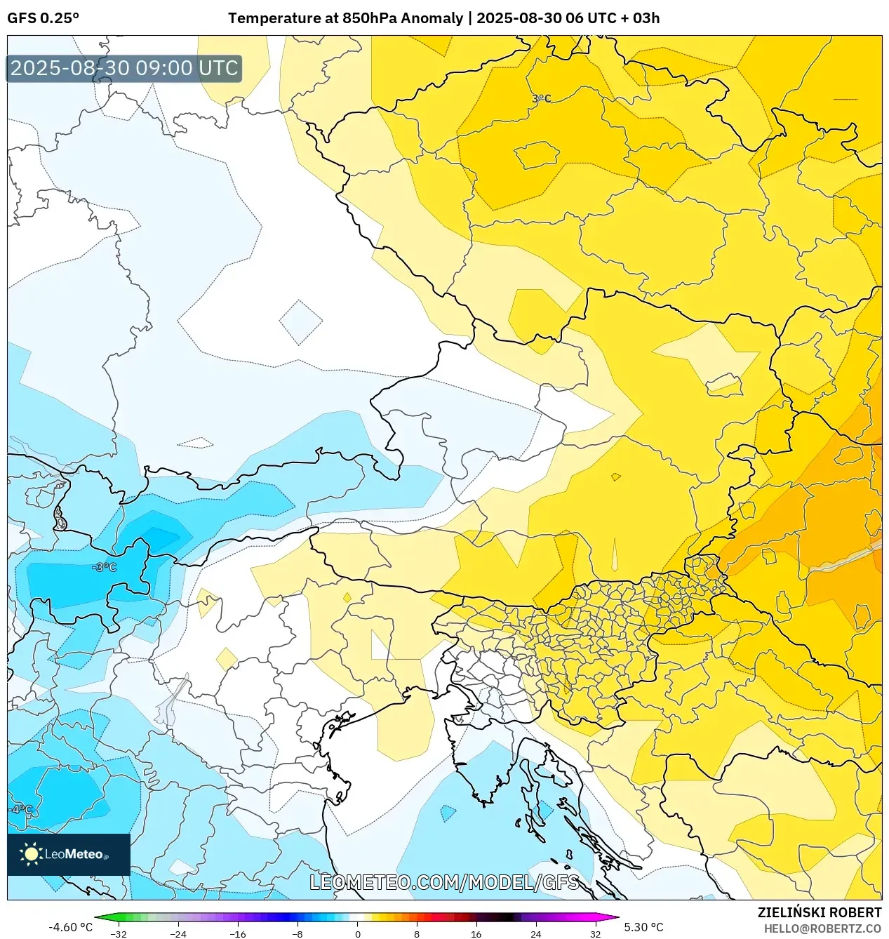 GFS model - Austria, Temperature at 850hPa Anomaly GFS model - Austria, Temperature at 850hPa Anomaly