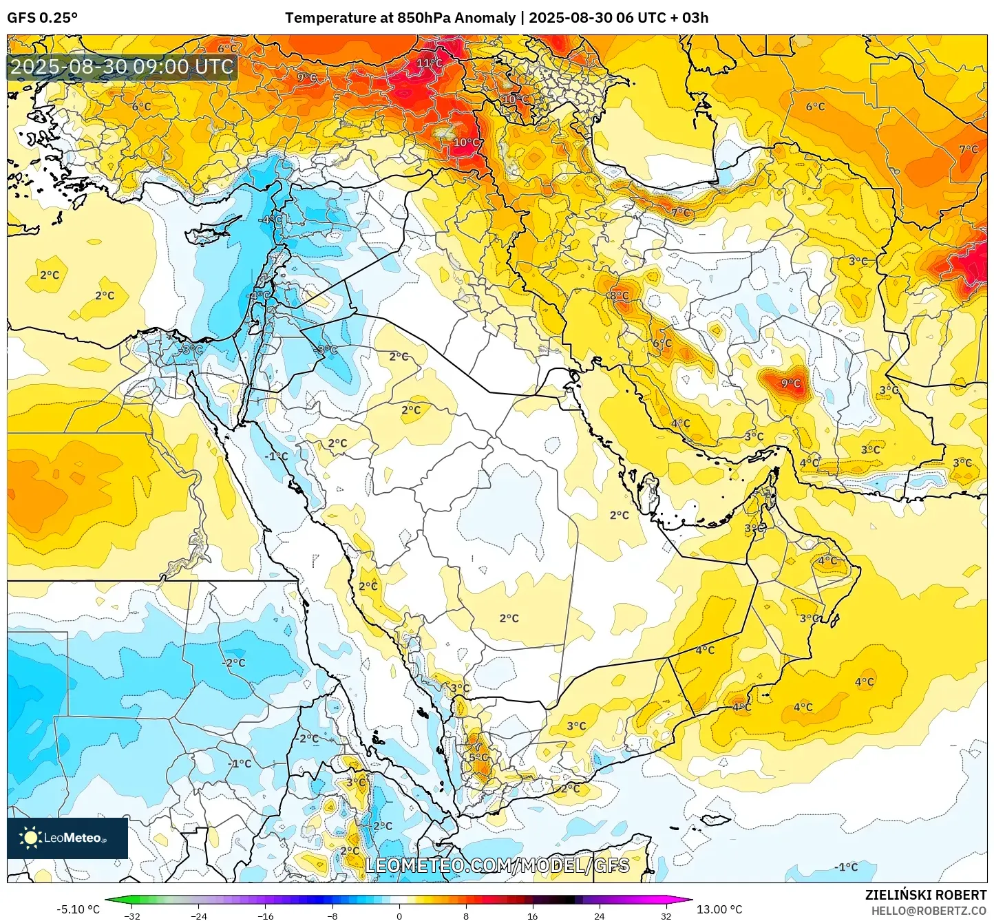 GFS model - Middle East, Temperature at 850hPa Anomaly