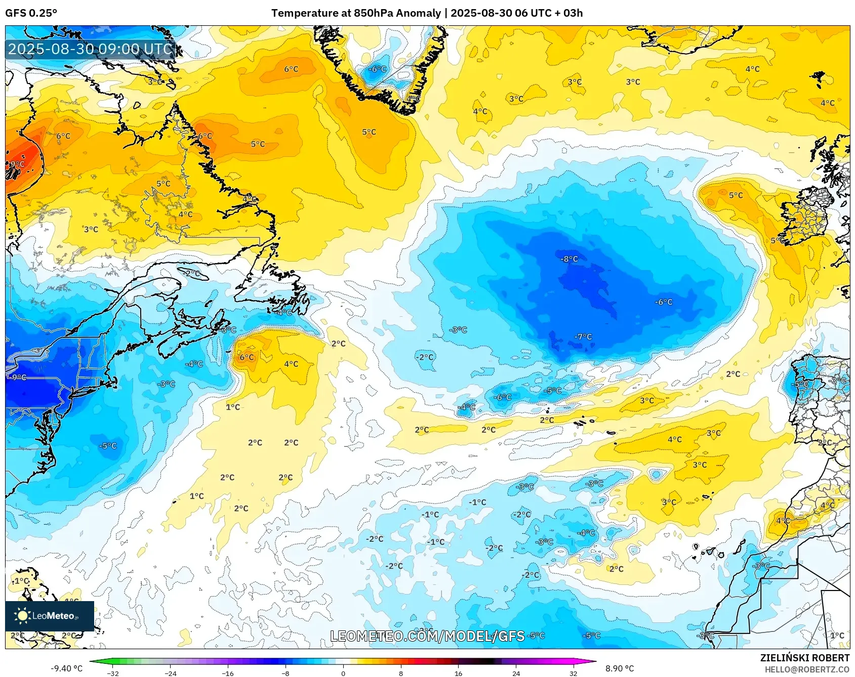 GFS model - North Atlantic, Temperature at 850hPa Anomaly GFS model - North Atlantic, Temperature at 850hPa Anomaly