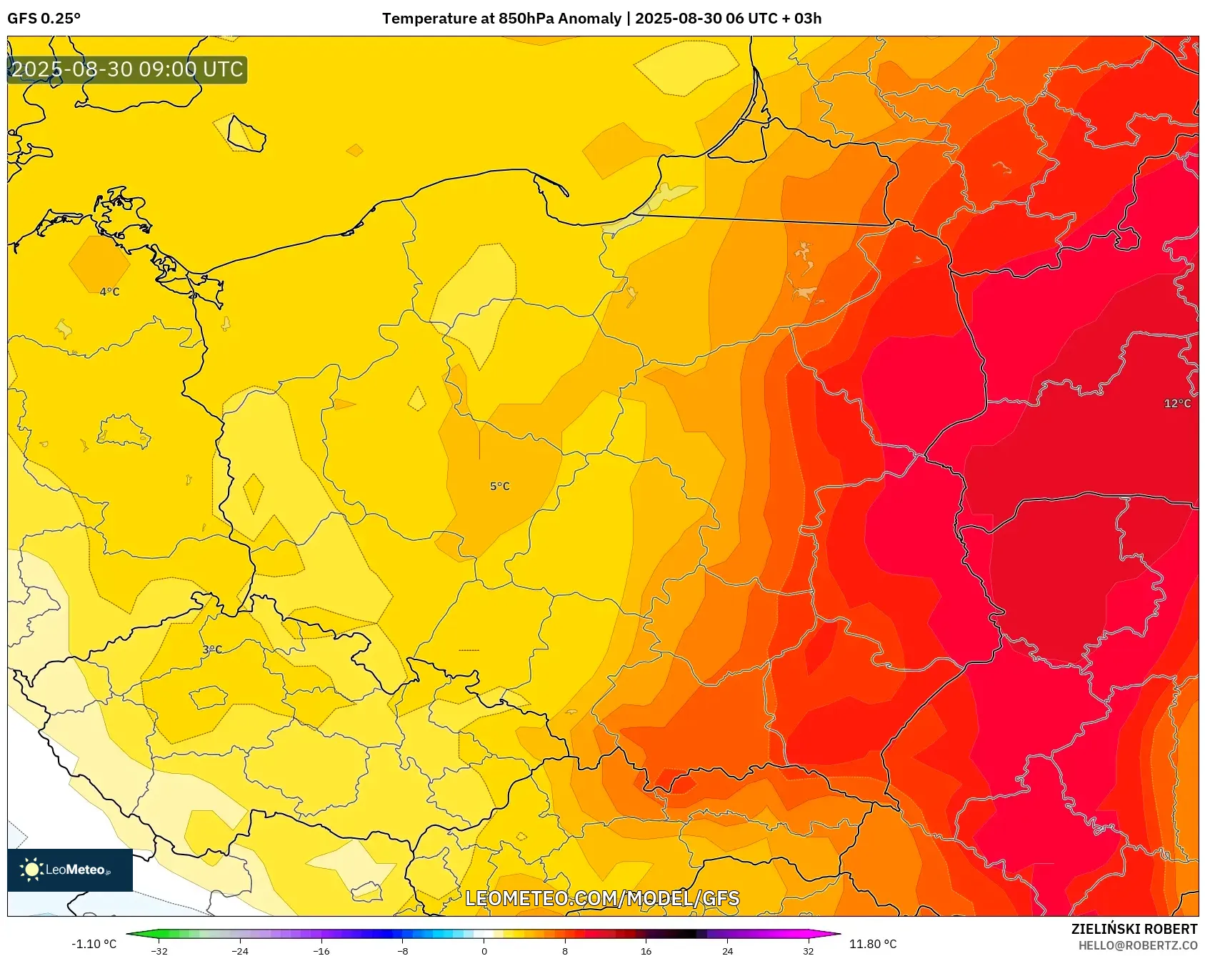 GFS model - Poland, Temperature at 850hPa Anomaly GFS model - Poland, Temperature at 850hPa Anomaly