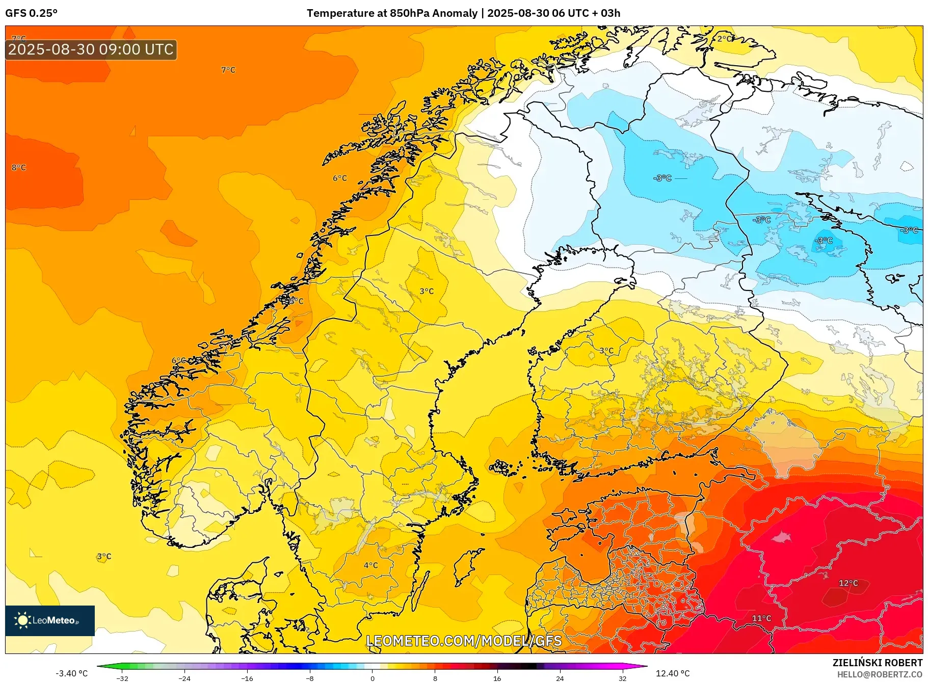 GFS model - Scandinavia, Temperature at 850hPa Anomaly GFS model - Scandinavia, Temperature at 850hPa Anomaly