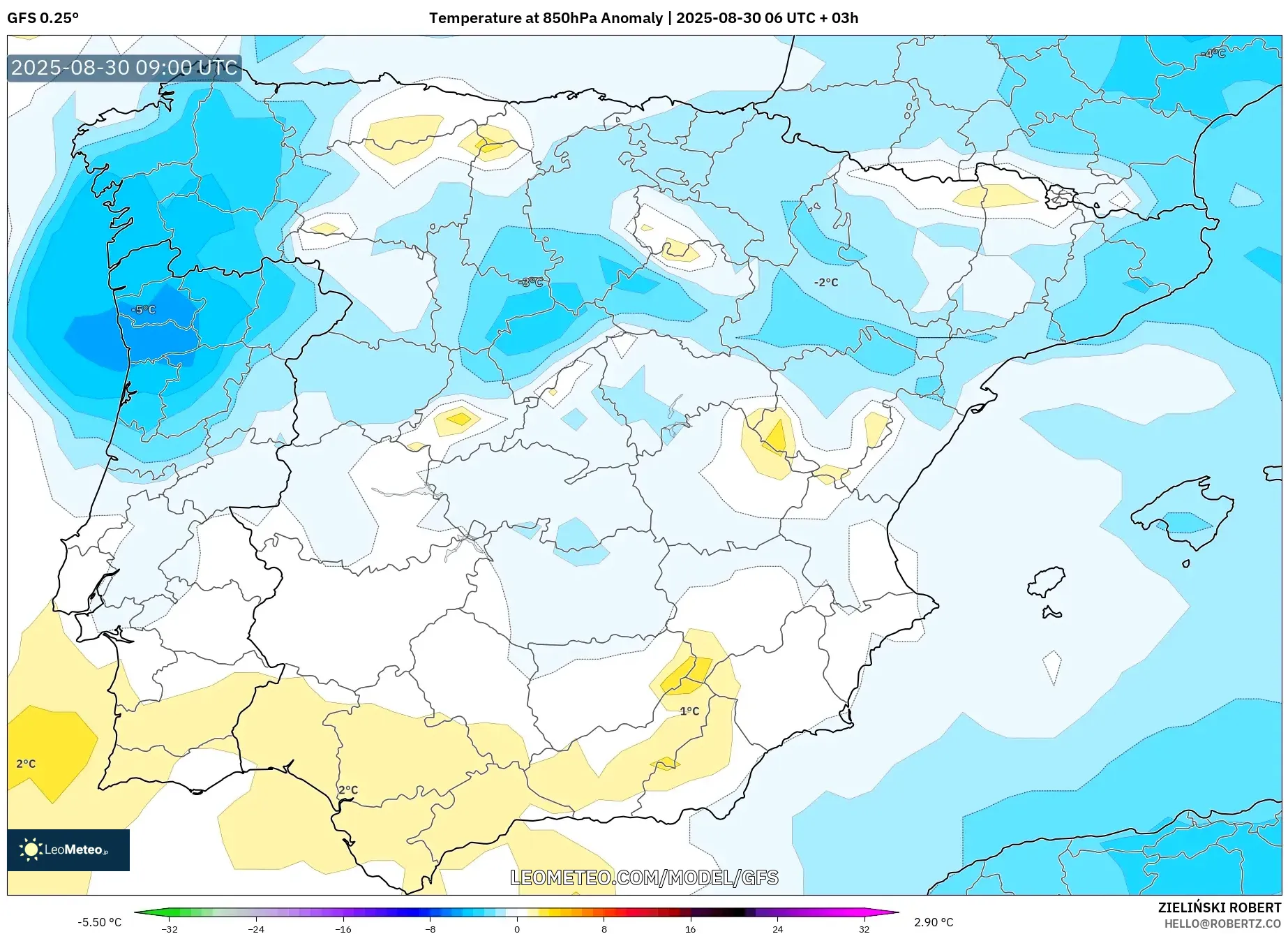 GFS model - Spain, Temperature at 850hPa Anomaly