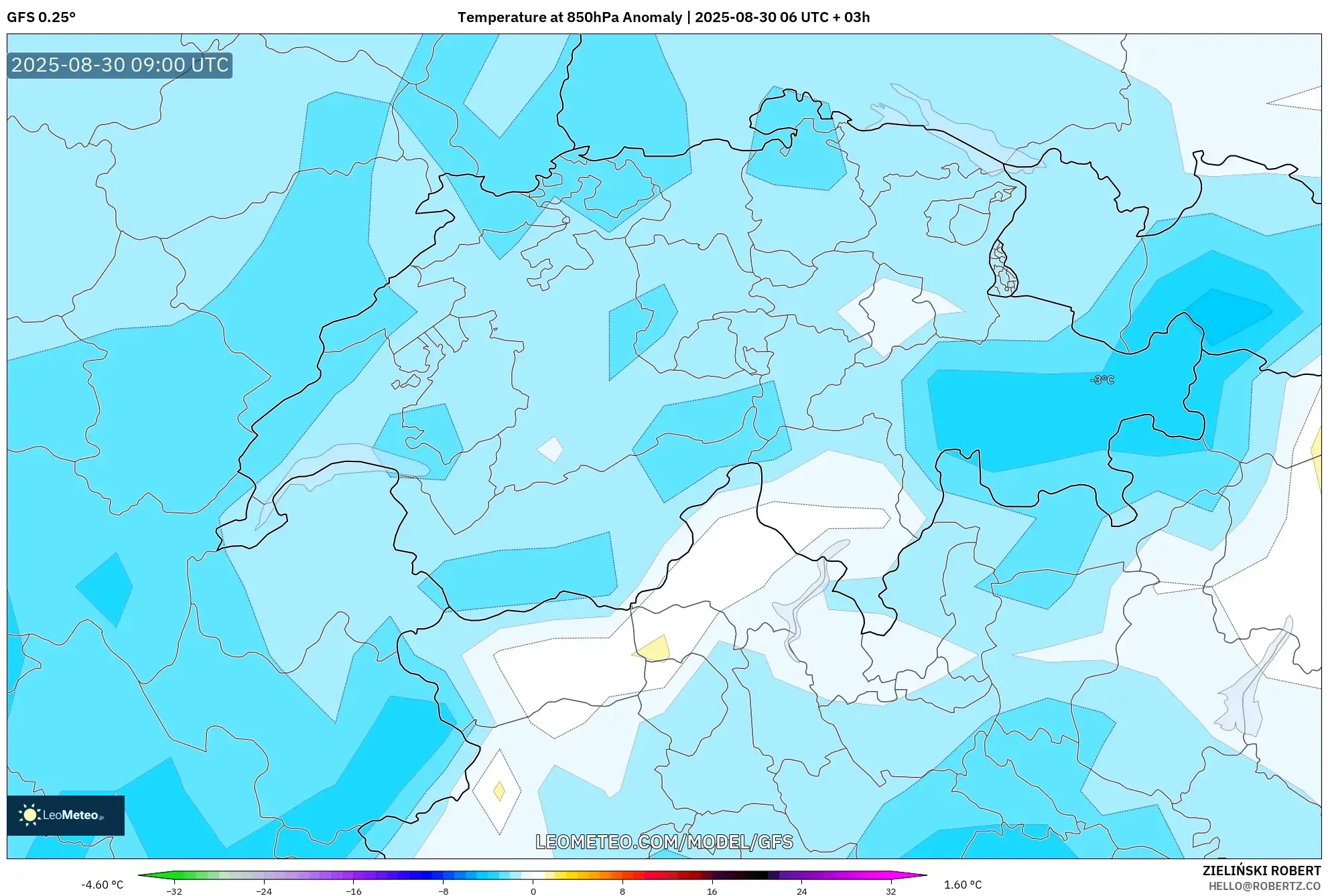 GFS model - Switzerland, Temperature at 850hPa Anomaly