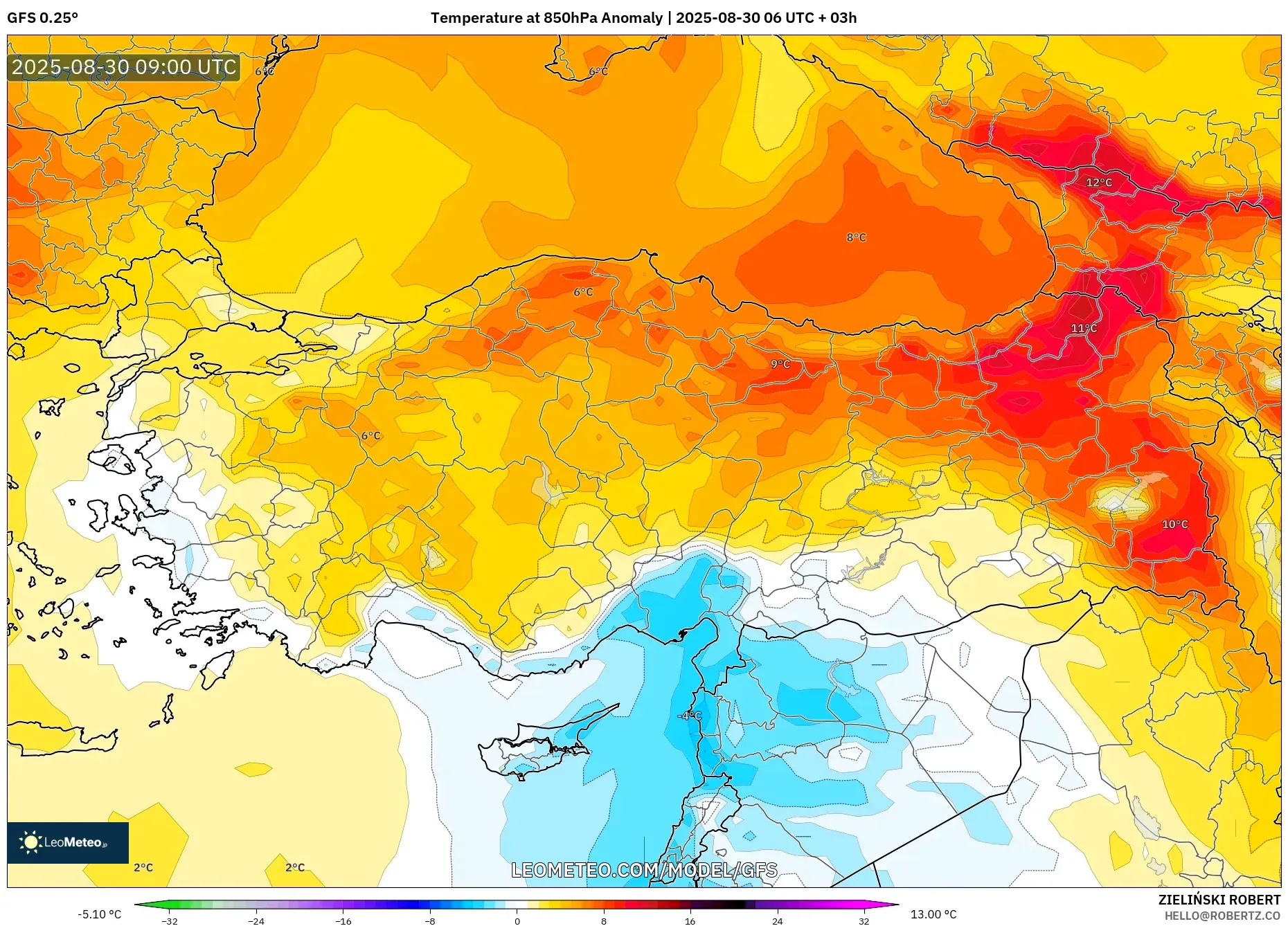 GFS model - Turkey, Temperature at 850hPa Anomaly