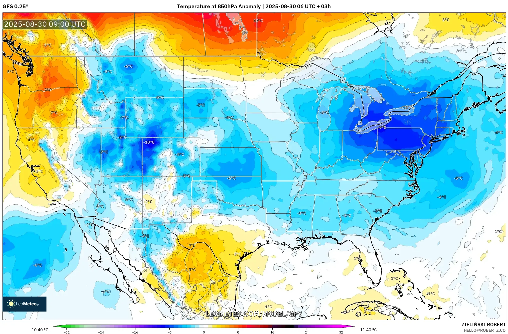 GFS model - United States, Temperature at 850hPa Anomaly GFS model - United States, Temperature at 850hPa Anomaly