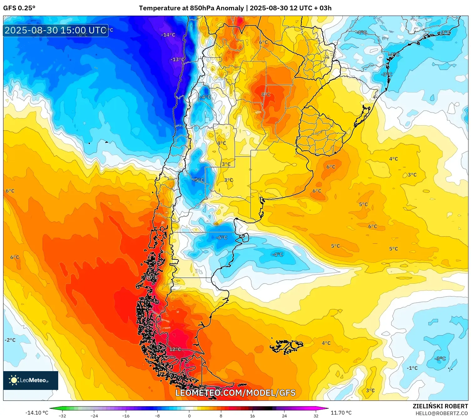 GFS model - Argentina, Temperature at 850hPa Anomaly