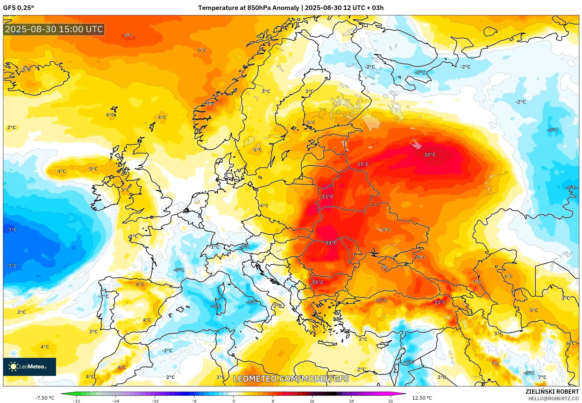 GFS model - Europe, Temperature at 850hPa Anomaly